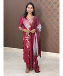 New Floral Maroon Dotted V Neck 3 piece Salwar Set / ESS139