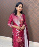 New Floral Maroon Dotted V Neck 3 piece Salwar Set / ESS139