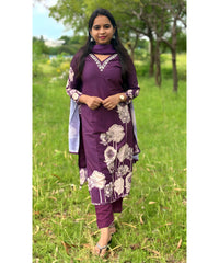 New Floral Purple and Sandal V Neck 3 piece Salwar Set / ESS142