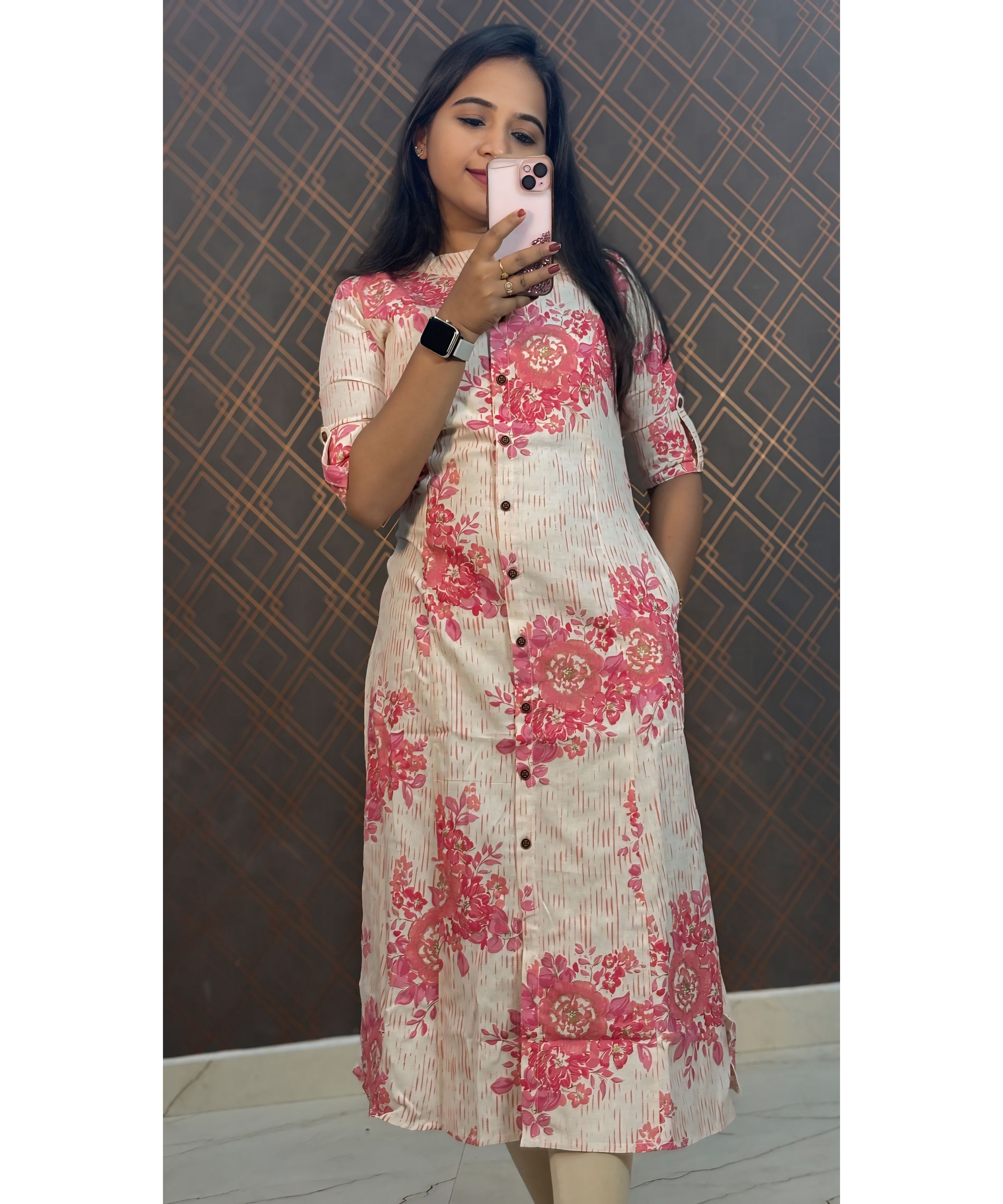 Pink and White A Line Collar Kurti / RCC162