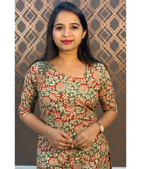 Red and Green Floral Flex Cotton Kurti with Pocket / LSS146