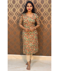 Red and Green Floral Flex Cotton Kurti with Pocket / LSS146