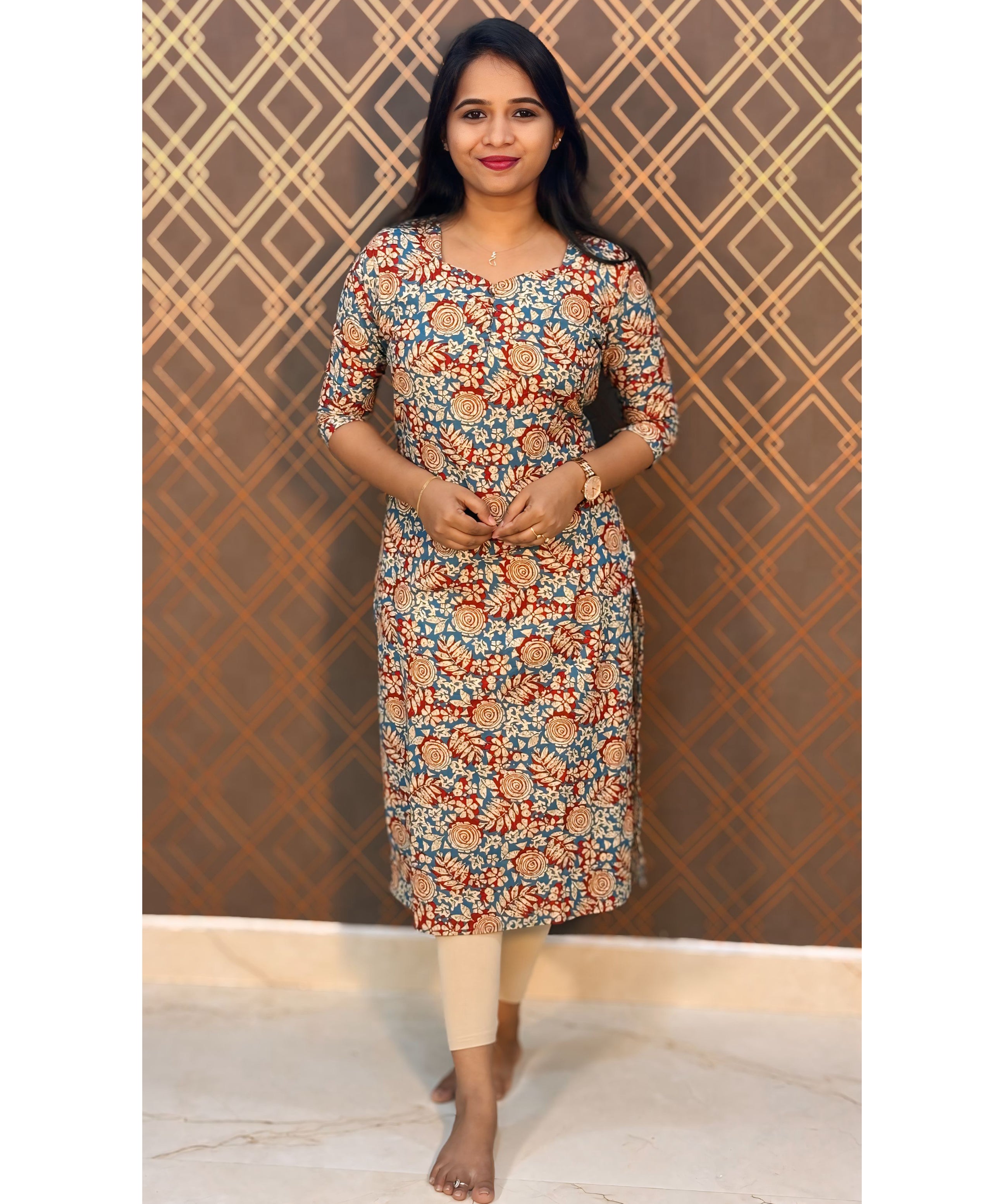 Blue and Red Floral Flex Cotton Kurti with Pocket / LSS146