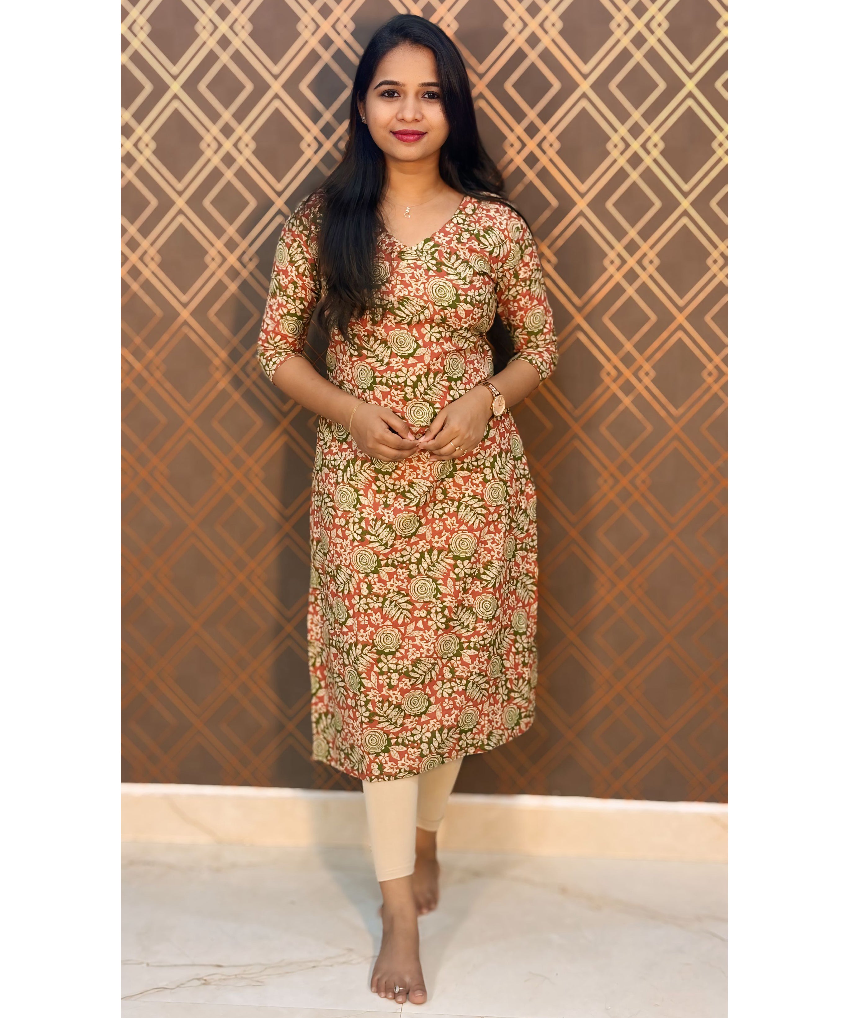 Red and Green V Neck Floral Flex Cotton Kurti with Pocket / LSS146