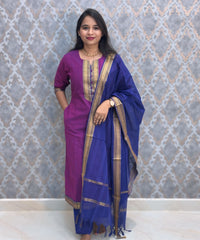 Wine Pink and Blue Color Premium Mangalagiri Cotton 3 Piece Salwar Set with Pocket / LSS228