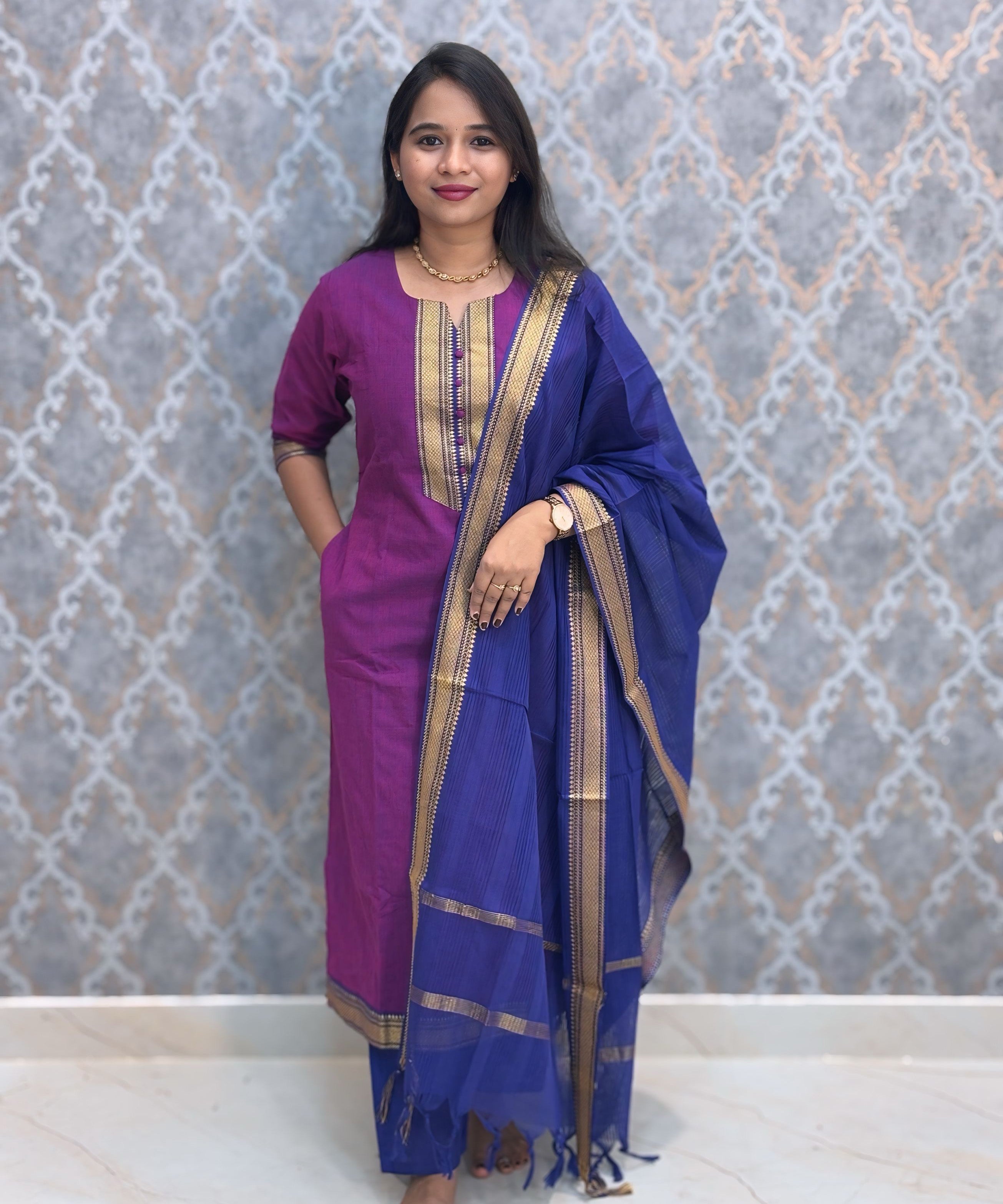 Wine Pink and Blue Color Premium Mangalagiri Cotton 3 Piece Salwar Set with Pocket / LSS228