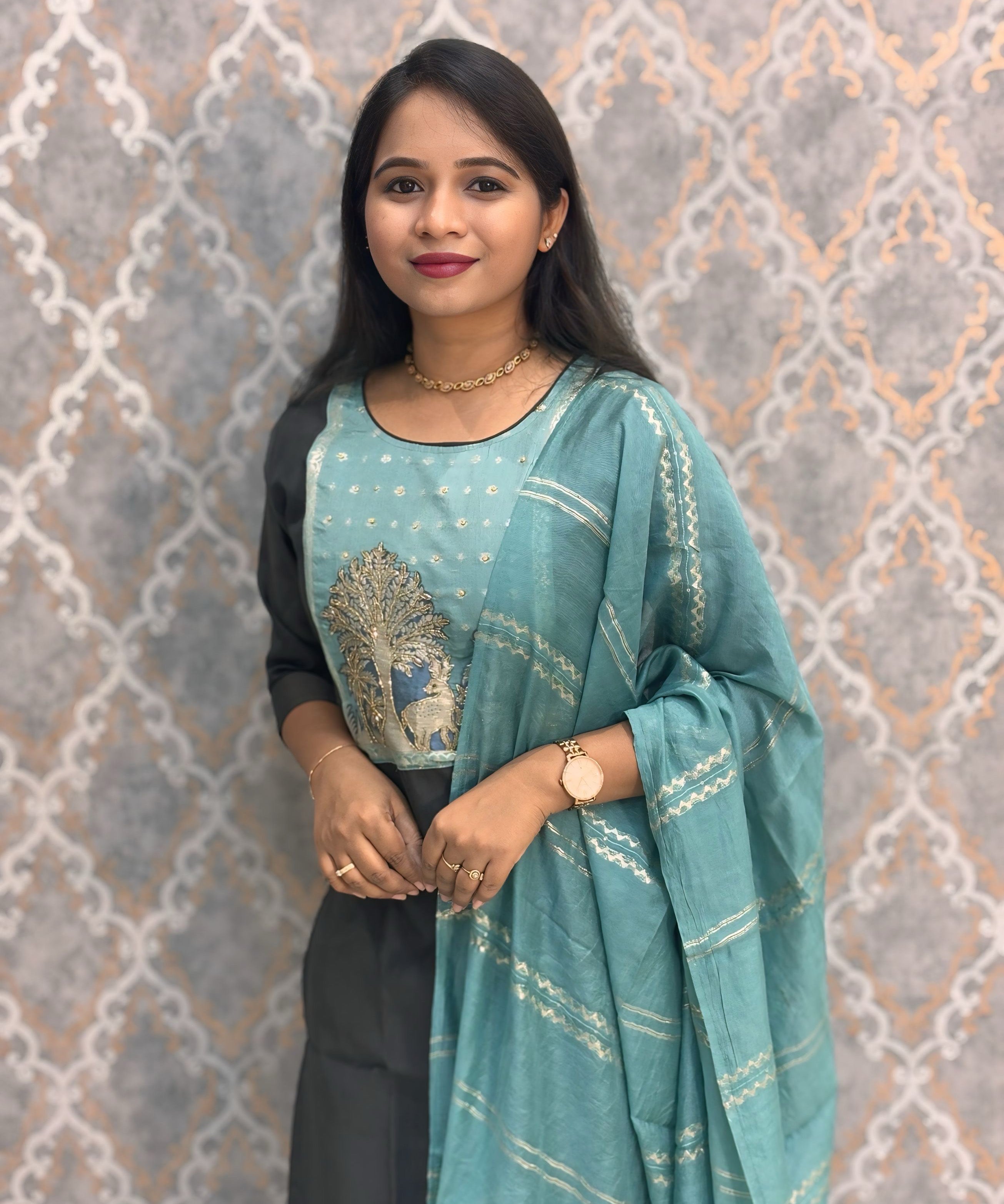 Gray and Rama Blue Designer Ethnic Salwar Set with Pocket  / ESS377