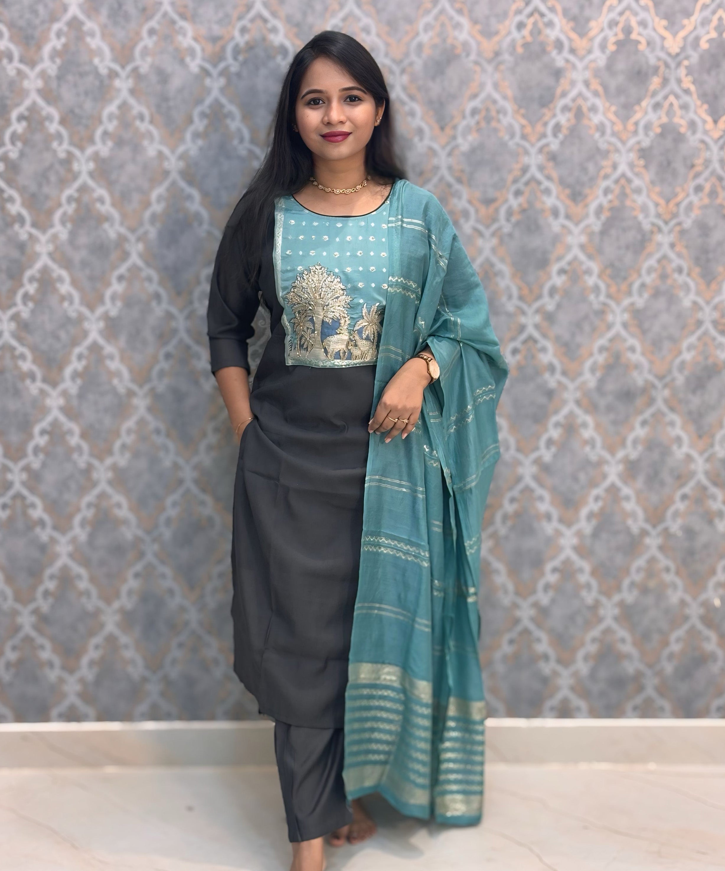 Gray and Rama Blue Designer Ethnic Salwar Set with Pocket  / ESS377