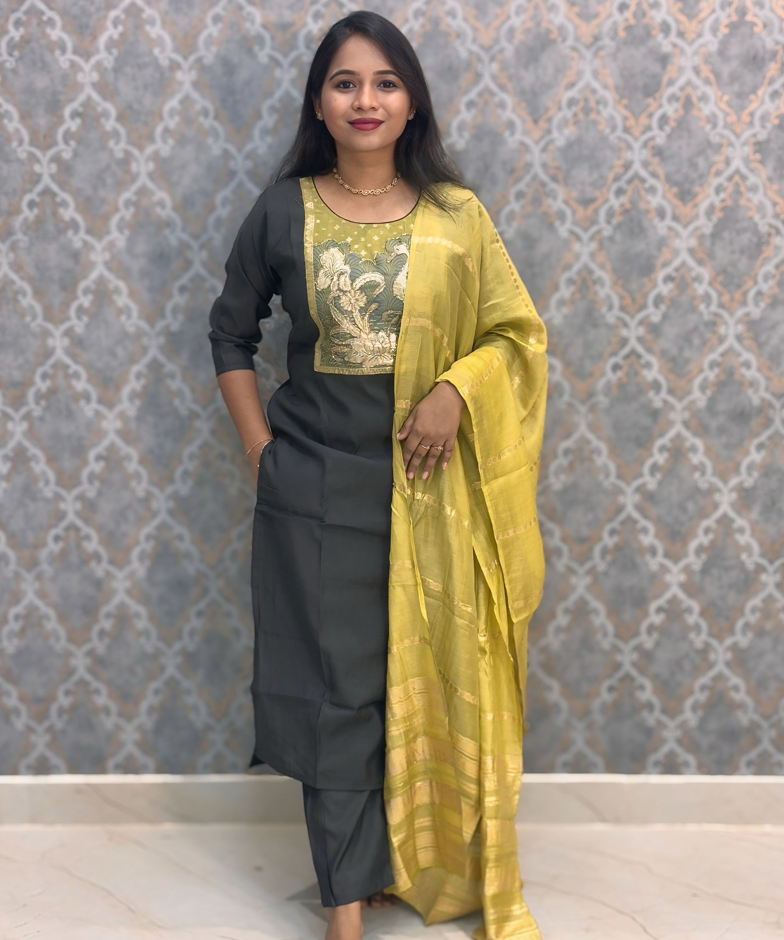 Gray with Lemon Yellow Designer Ethnic Salwar Set with Pocket  / ESS377
