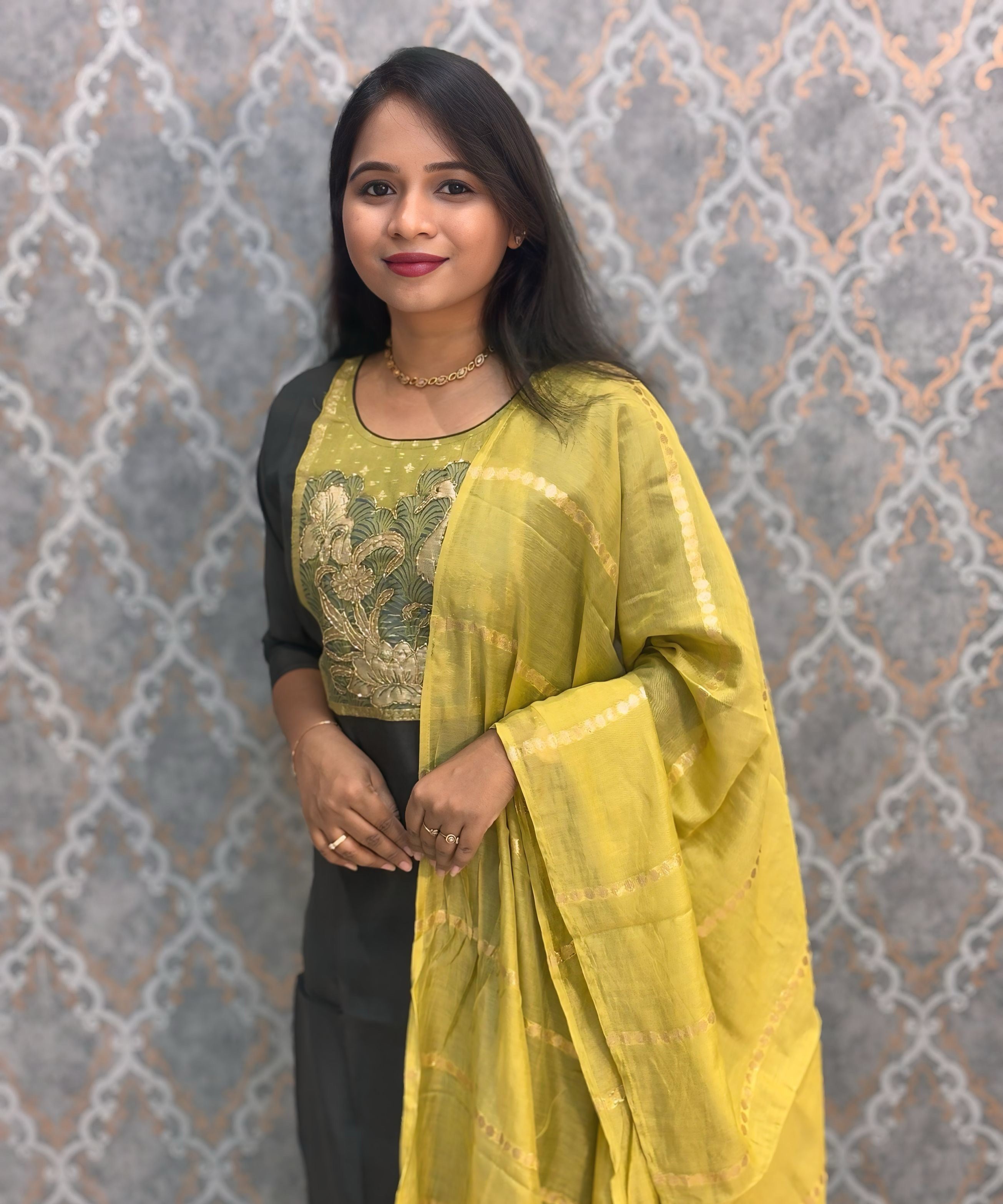 Gray with Lemon Yellow Designer Ethnic Salwar Set with Pocket  / ESS377