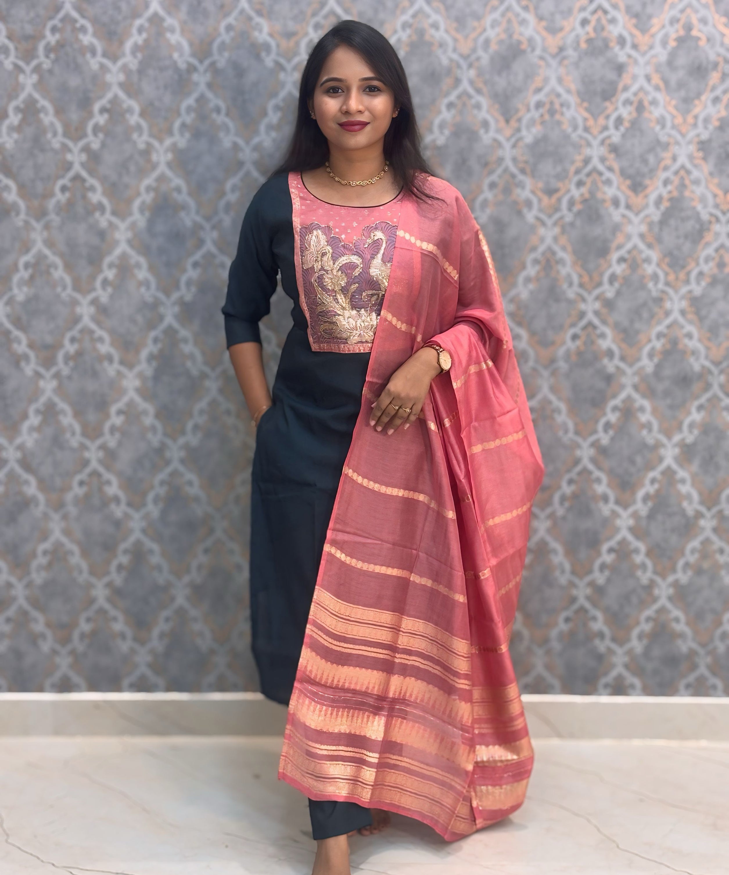 Green and Peach Color Designer Ethnic Salwar Set with Pocket  / ESS377