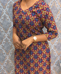 Red and Yellow Color V Neck Ikkat Print Flex Cotton Kurti with Pocket / LSS180
