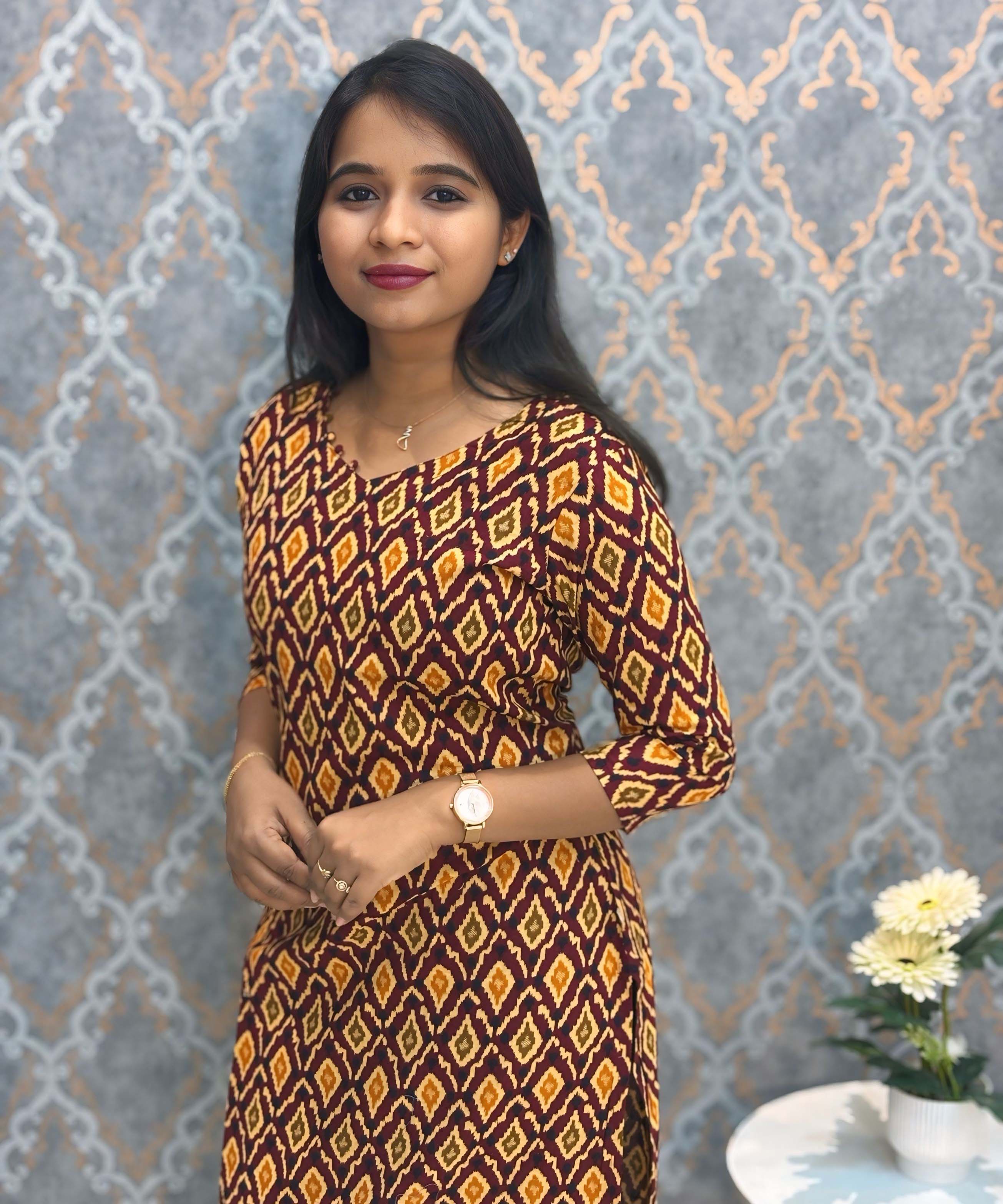 Yellow and Maroon Color V Neck Ikat Print Flex Cotton Kurti with Pocket / LSS180