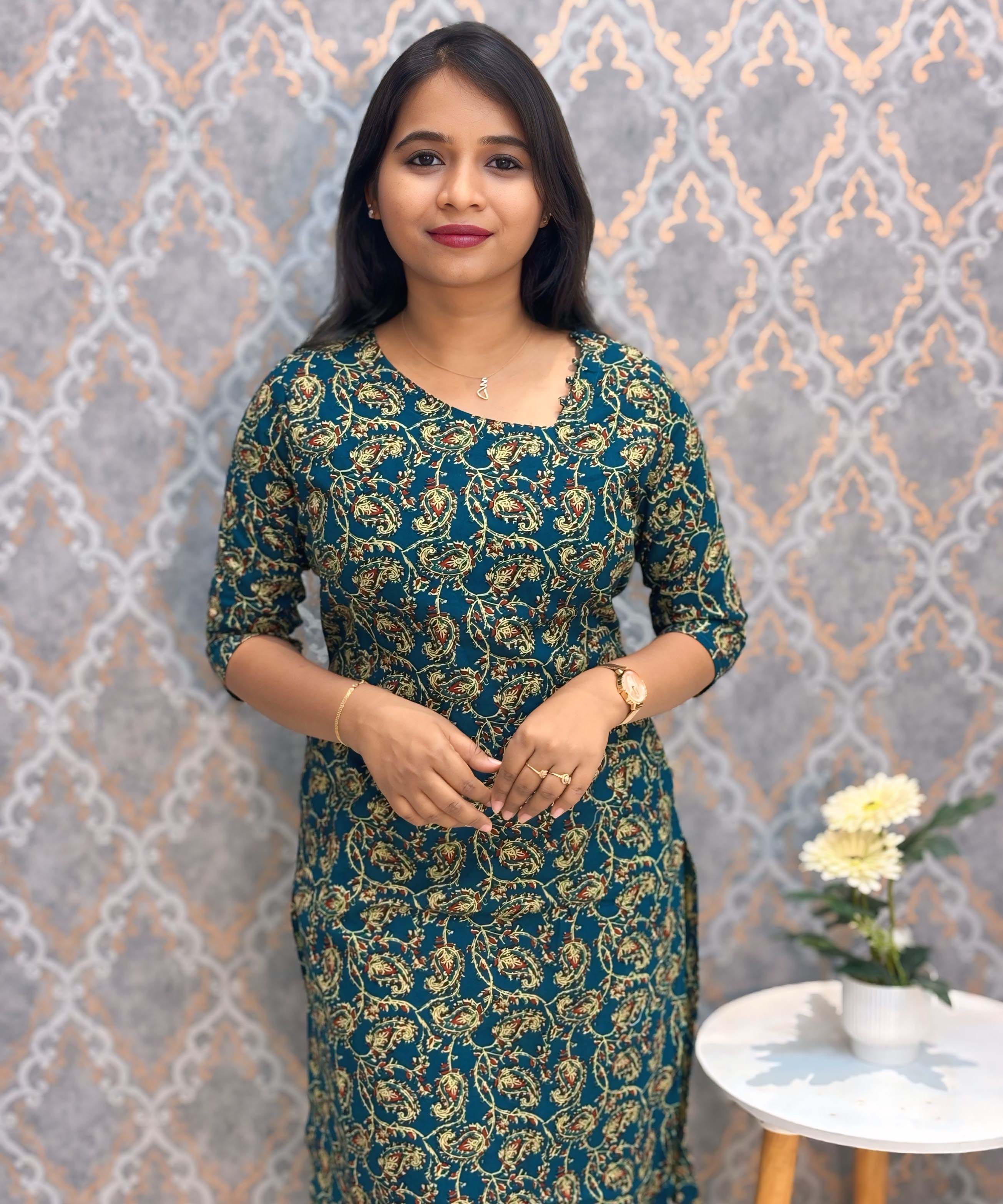 Rama Green Color Mango Design Ikat Print Flex Cotton Kurti with Pocket / LSS180