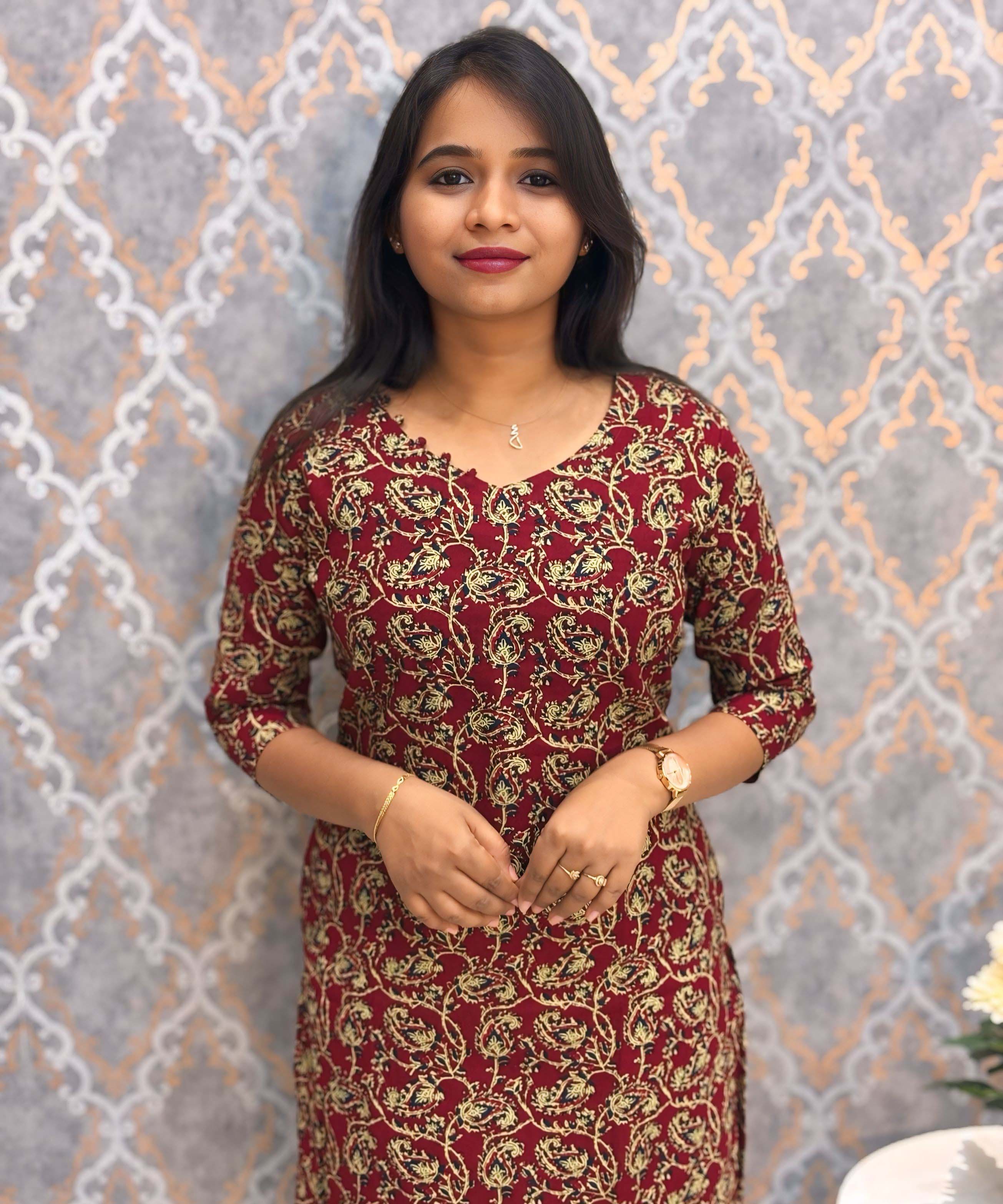 Maroon Color Mango Design Ikat Print Flex Cotton Kurti with Pocket / LSS180
