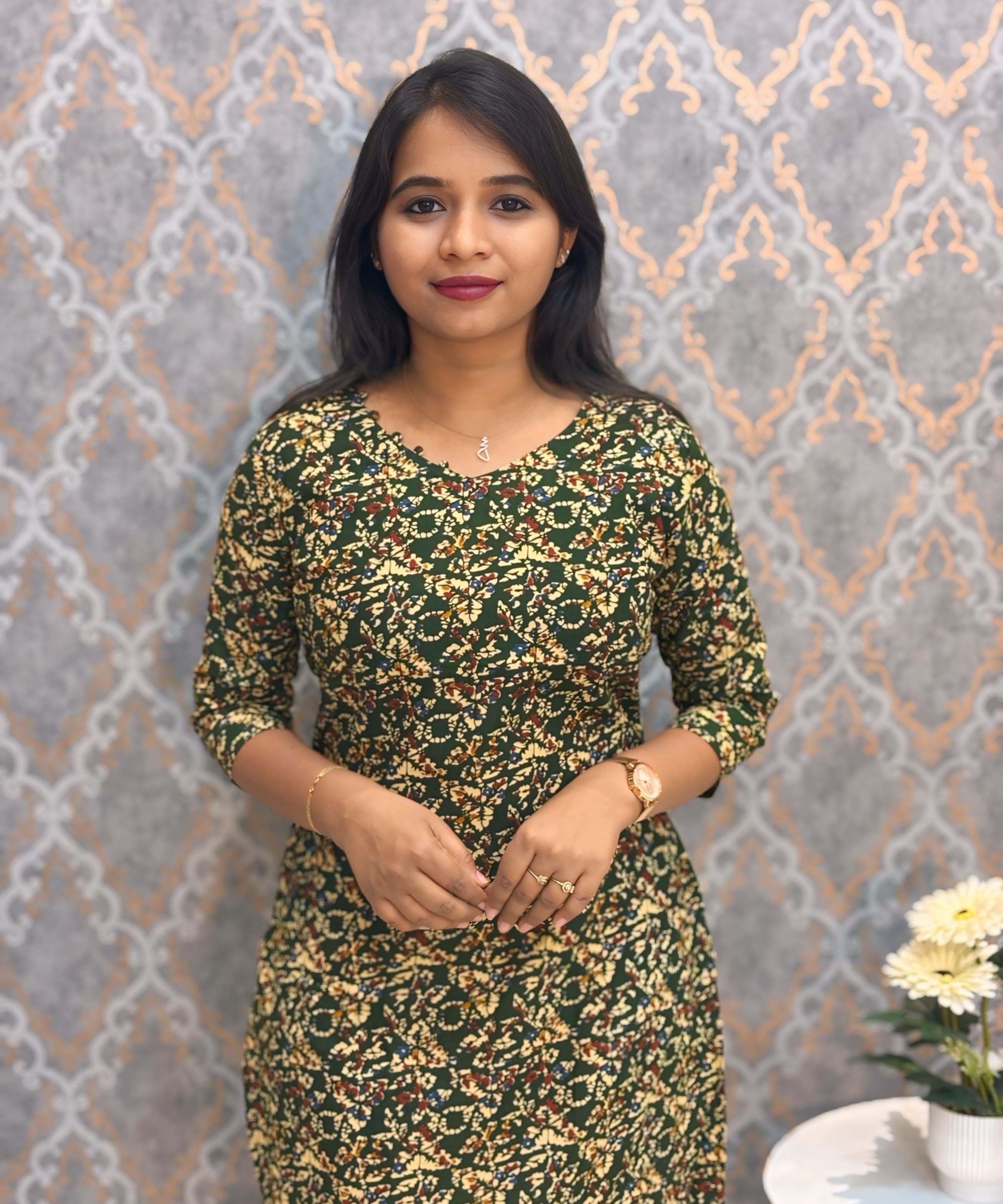 Dark Green Color V Neck Ikat Print Flex Cotton Kurti with Pocket / LSS180