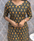 Black and Yellow Color Ikkat Print Flex Cotton Kurti with Pocket / LSS180
