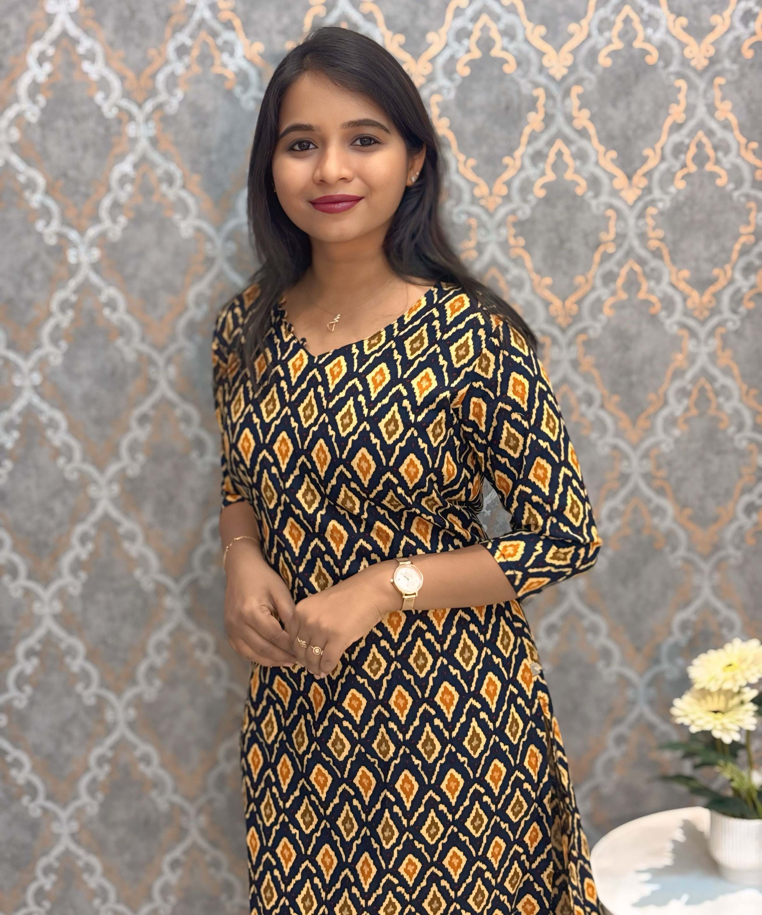 Black and Yellow Color Ikat Print Flex Cotton Kurti with Pocket / LSS180