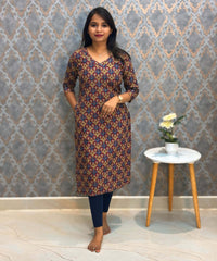 Red and Yellow Color V Neck Ikkat Print Flex Cotton Kurti with Pocket / LSS180