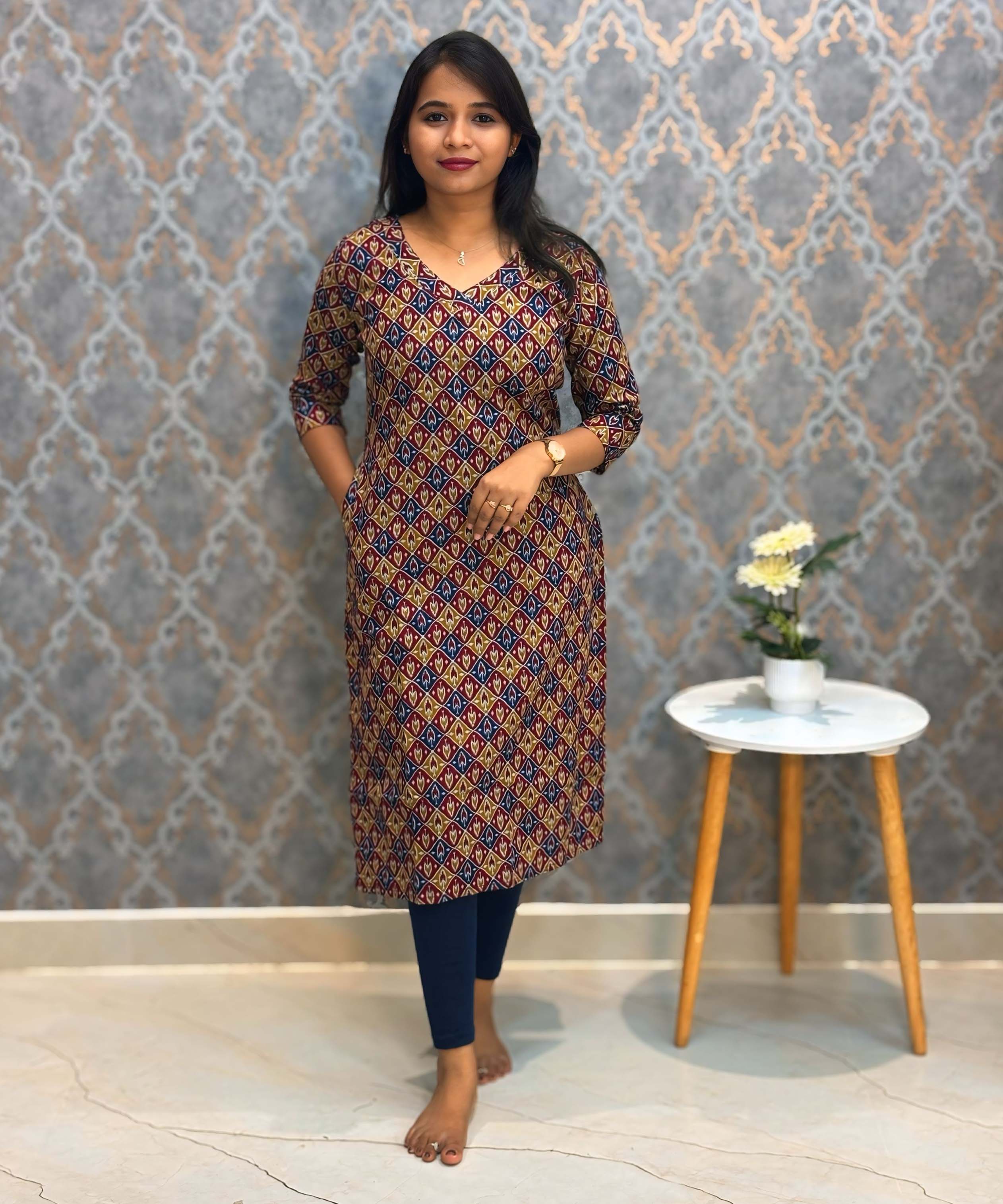 Red and Yellow Color V Neck Ikat Print Flex Cotton Kurti with Pocket / LSS180