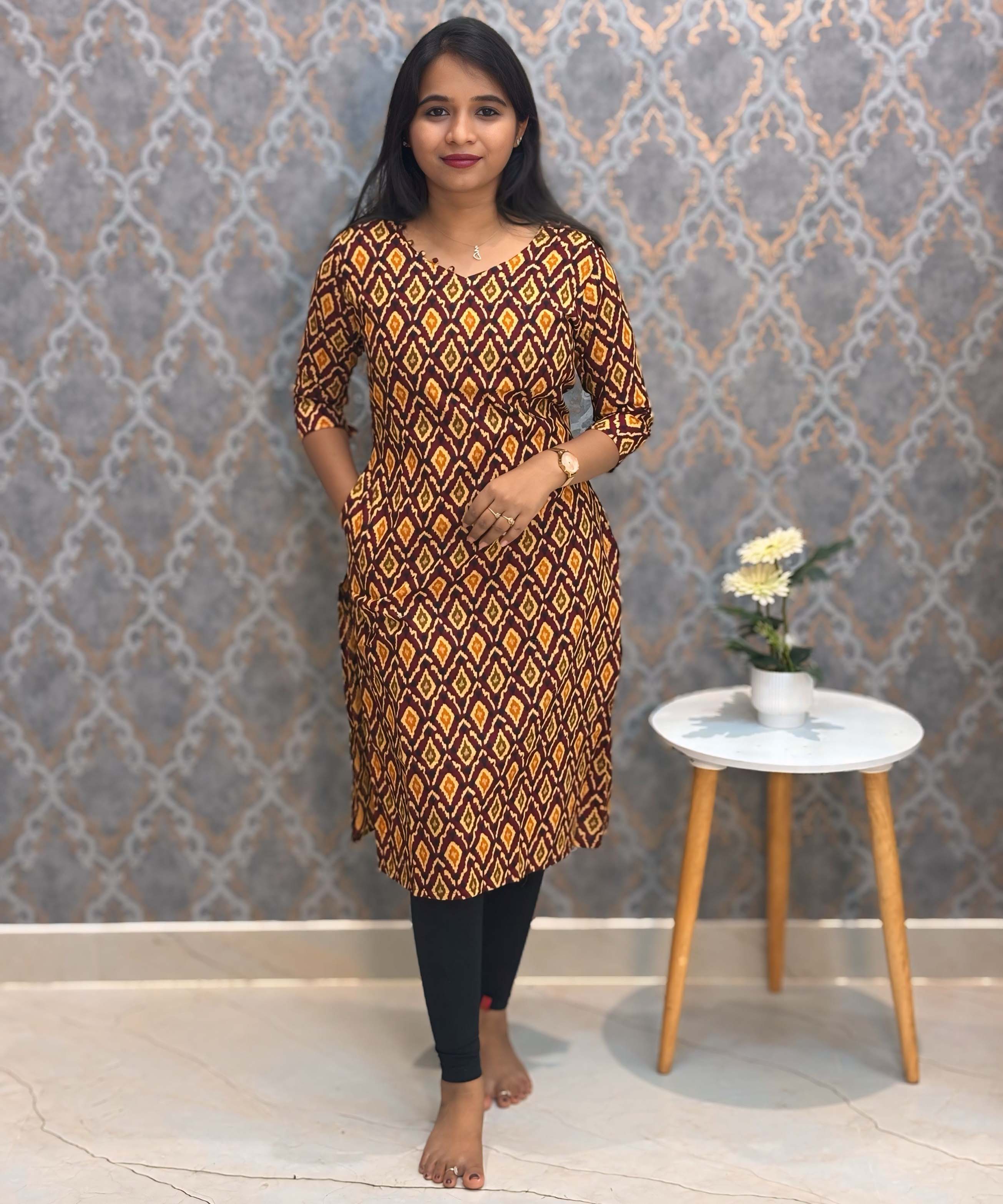 Yellow and Maroon Color V Neck Ikat Print Flex Cotton Kurti with Pocket / LSS180