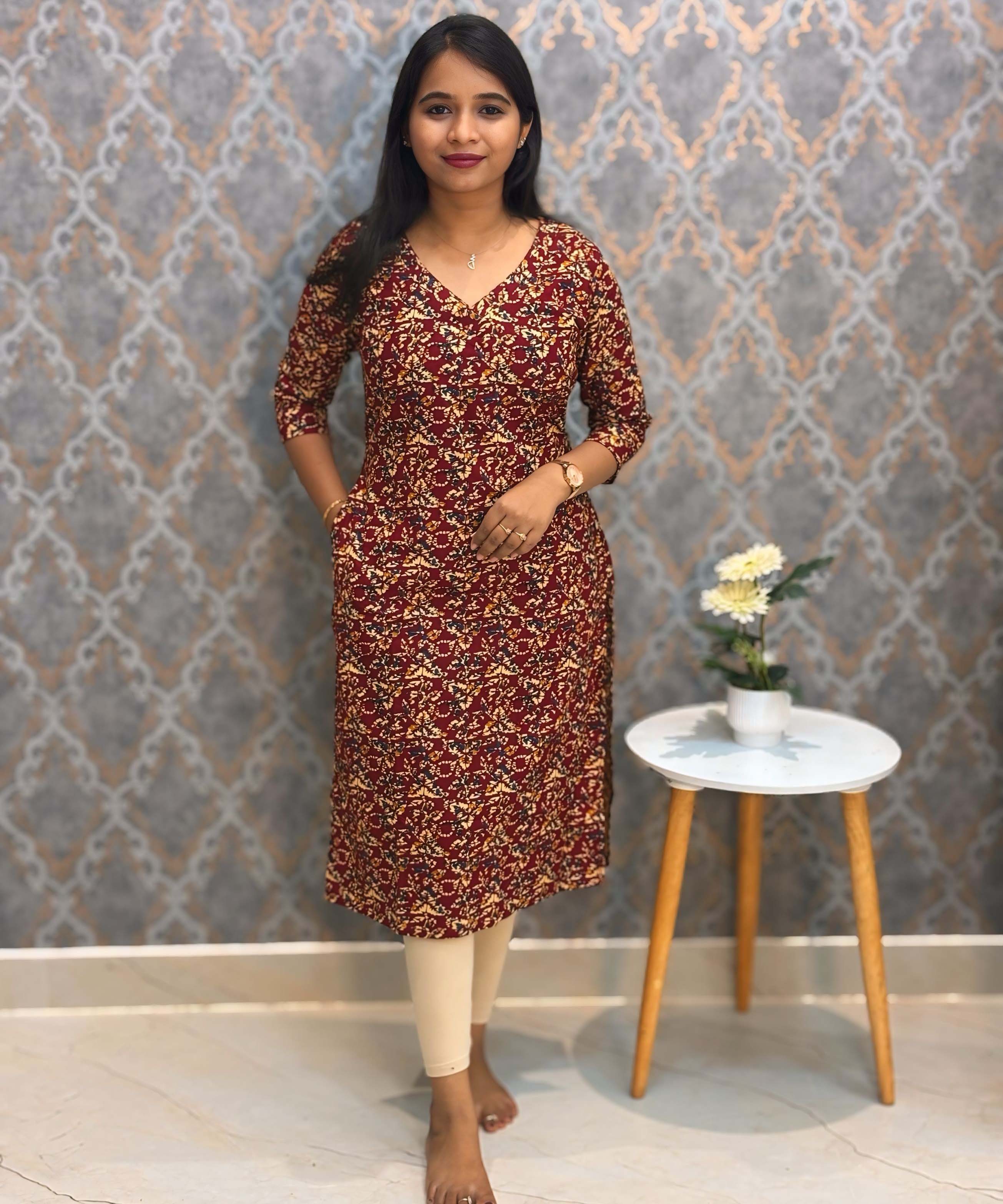 Dark Red Color Ikat Print Flex Cotton Kurti with Pocket / LSS180