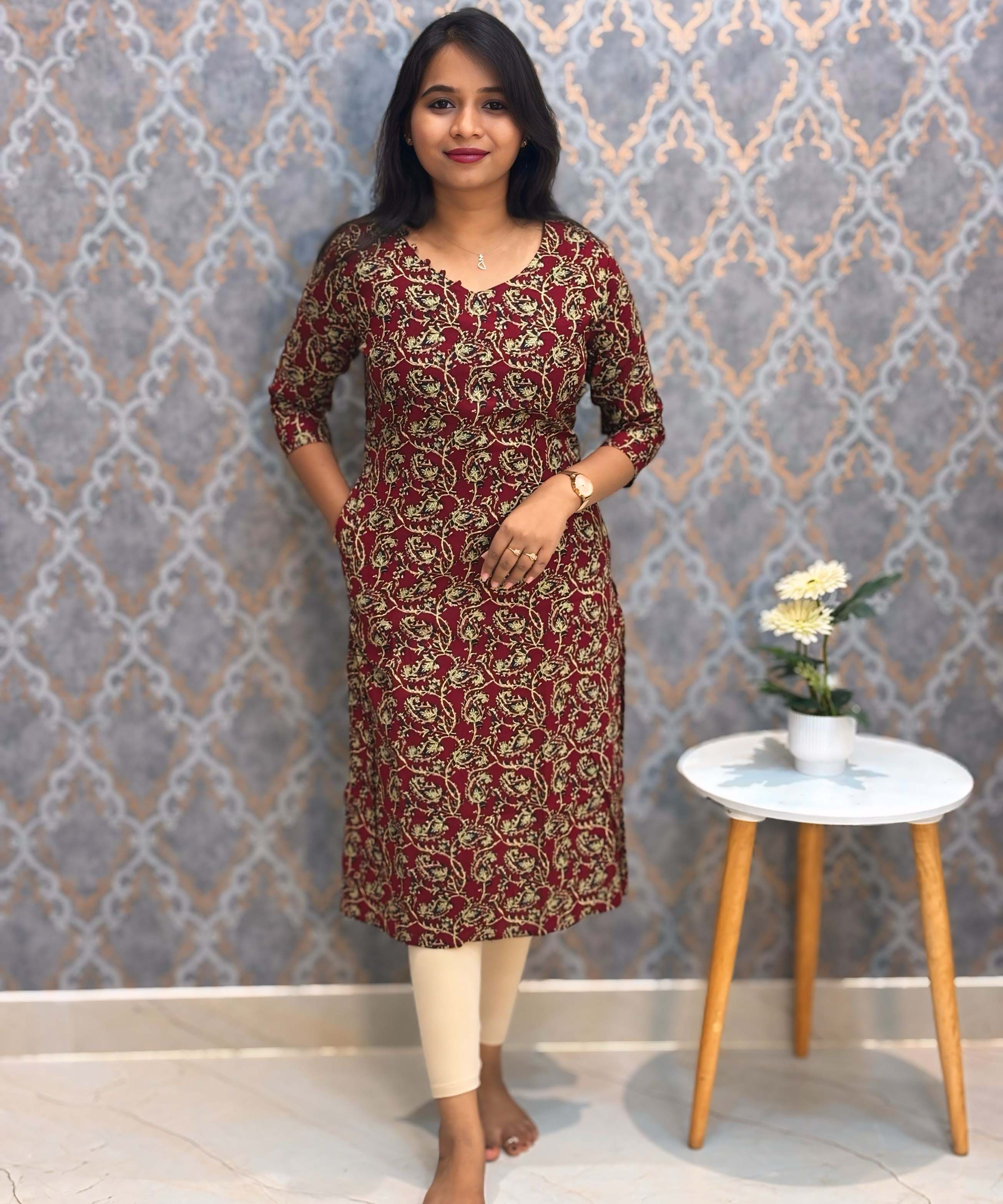 Maroon Color Mango Design Ikat Print Flex Cotton Kurti with Pocket / LSS180