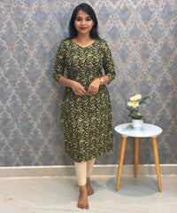 Dark Green Color V Neck Ikkat Print Flex Cotton Kurti with Pocket / LSS180
