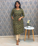 Dark Green Color V Neck Ikkat Print Flex Cotton Kurti with Pocket / LSS180