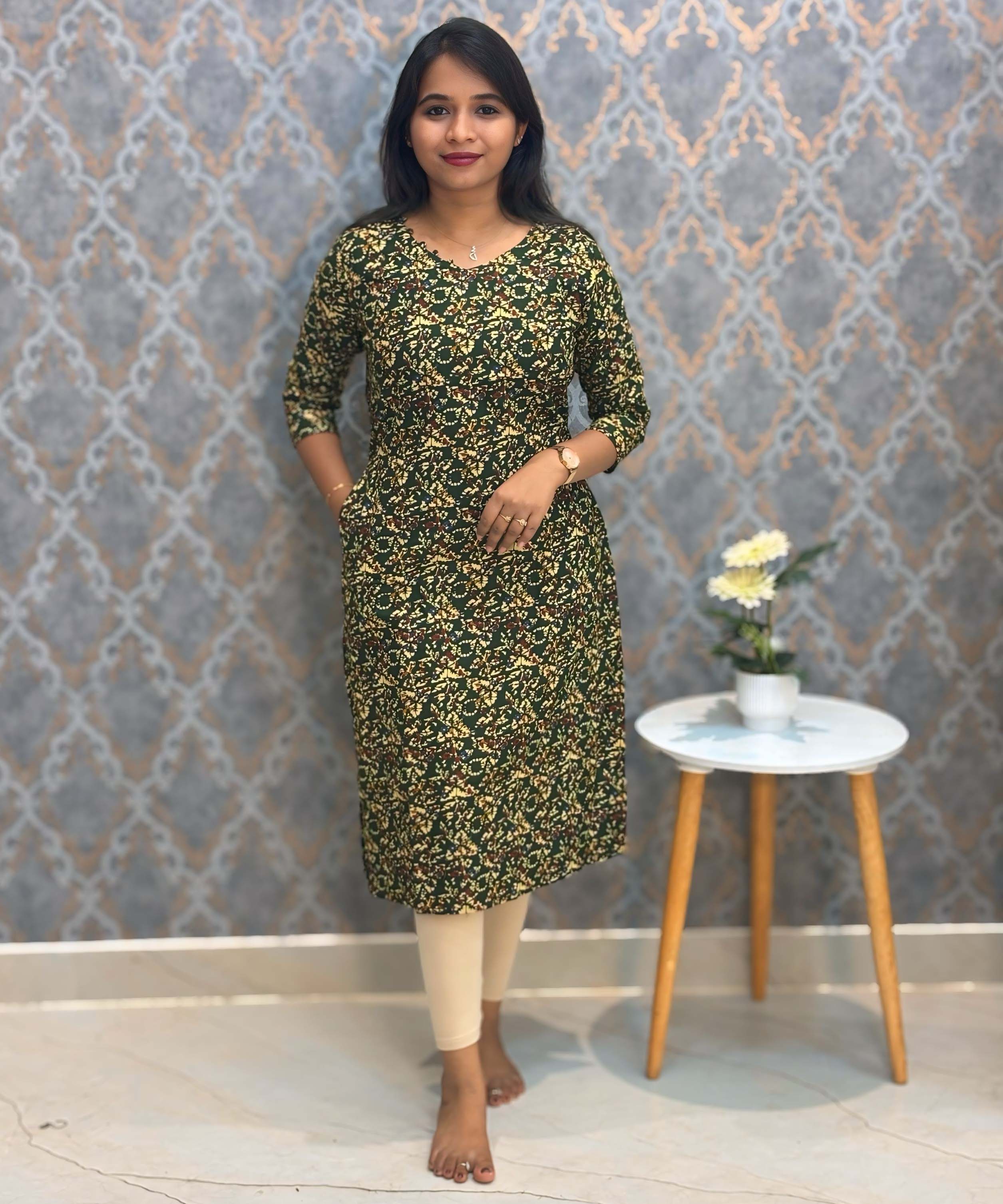 Dark Green Color V Neck Ikat Print Flex Cotton Kurti with Pocket / LSS180