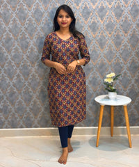 Red and Yellow Color V Neck Ikkat Print Flex Cotton Kurti with Pocket / LSS180