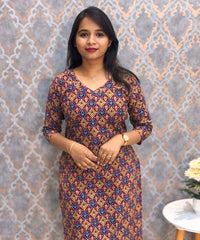 Red and Yellow Color V Neck Ikkat Print Flex Cotton Kurti with Pocket / LSS180