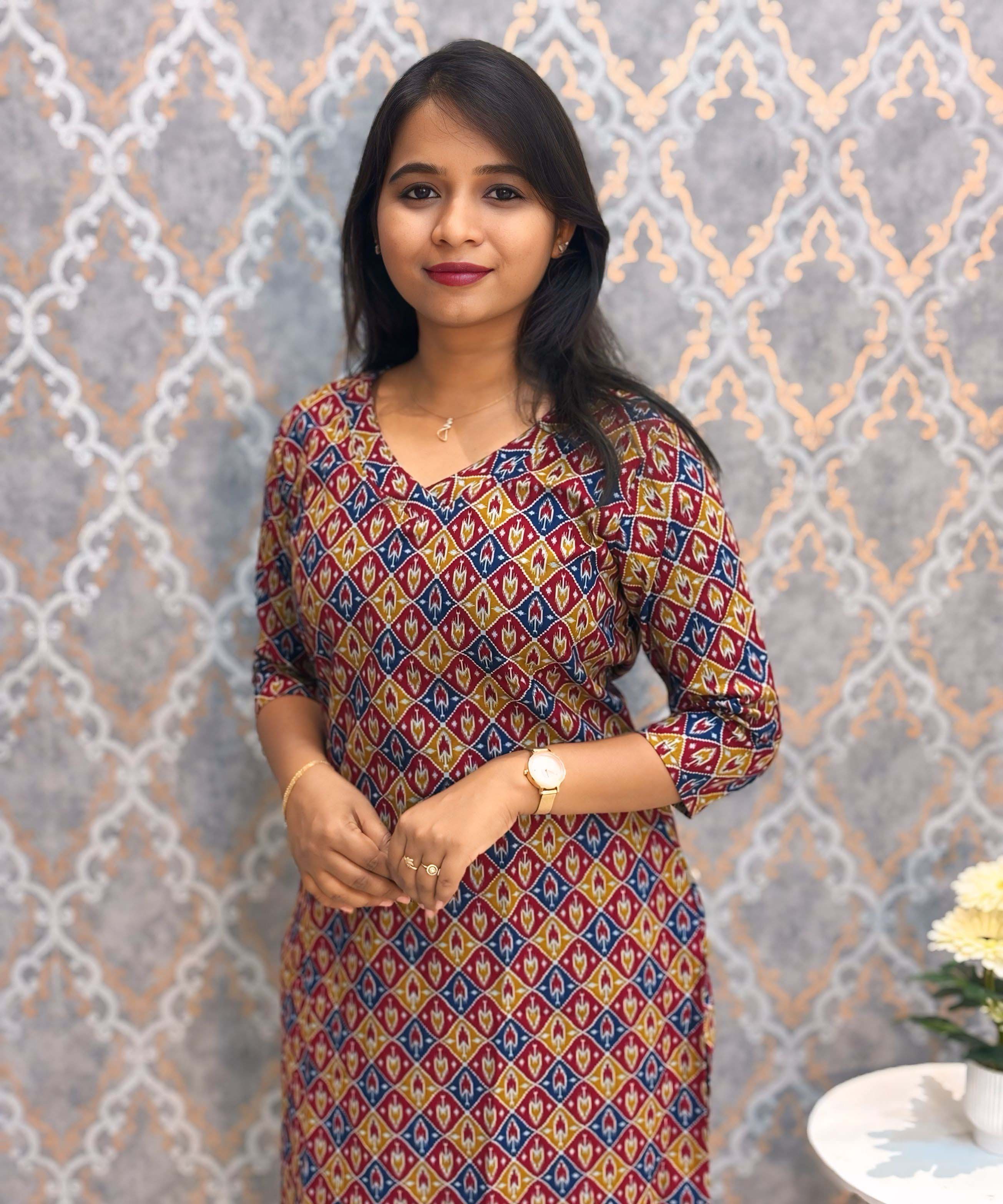 Red and Yellow Color V Neck Ikat Print Flex Cotton Kurti with Pocket / LSS180