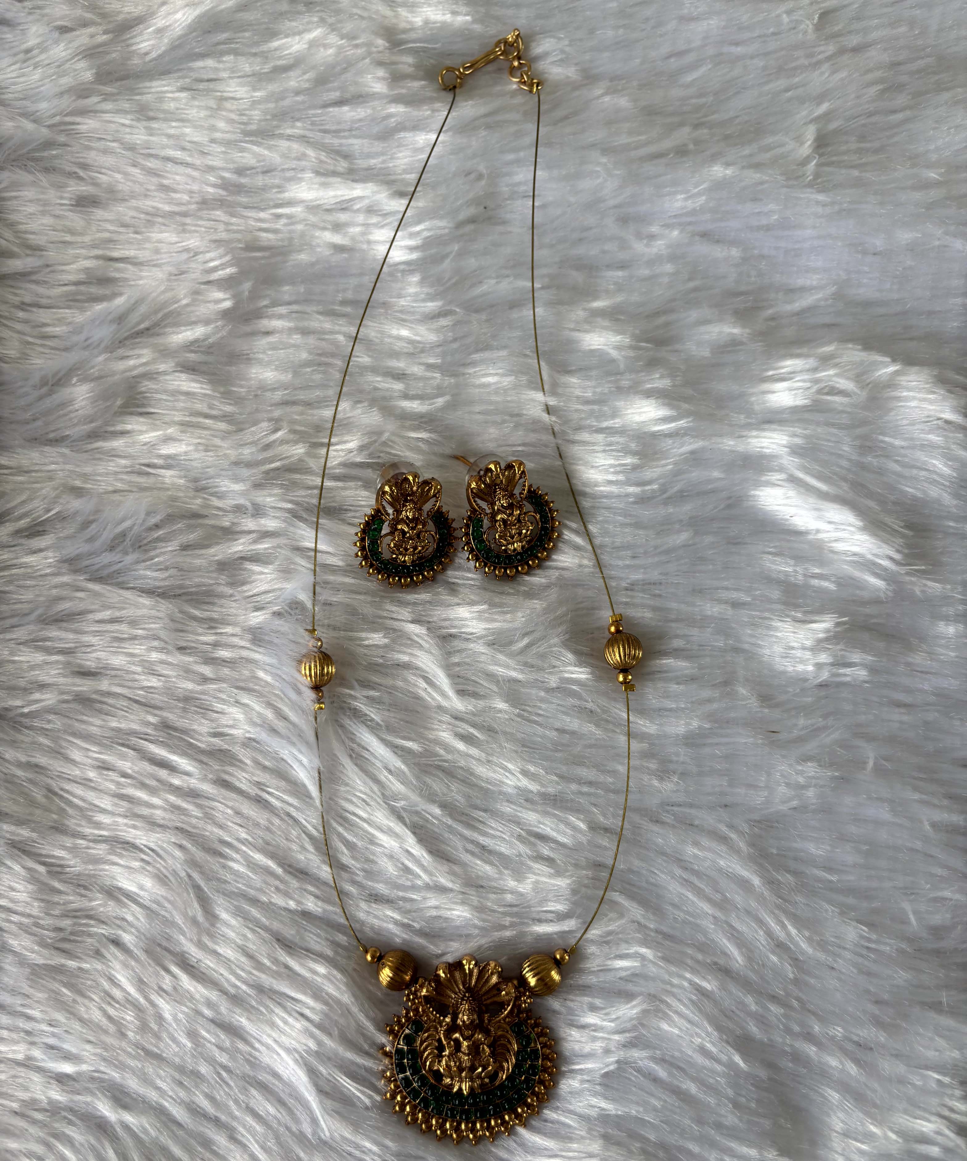 Invisible Chain - Antique Lakshmi Imitation Temple Jewellery Set with Green Stone -JIN002