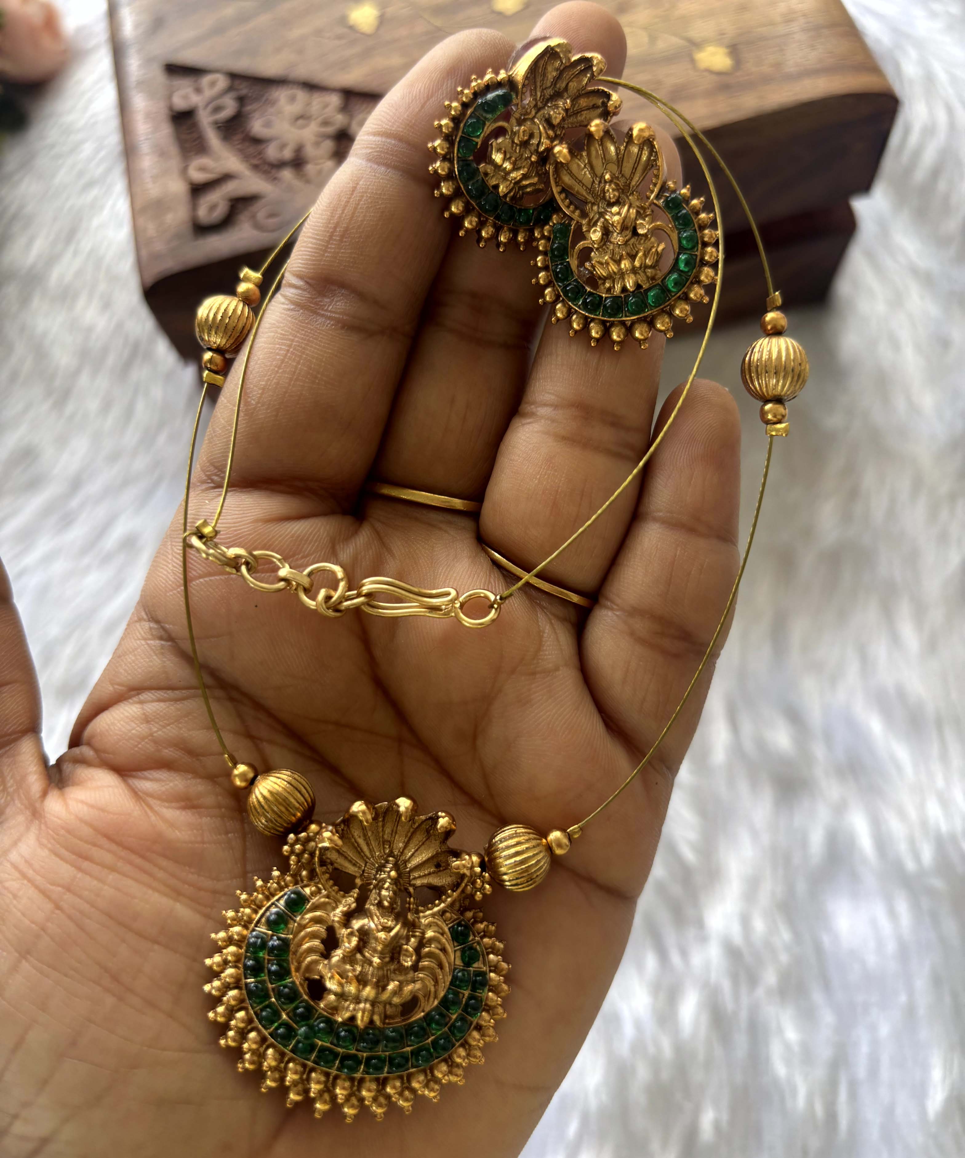Invisible Chain - Antique Lakshmi Imitation Temple Jewellery Set with Green Stone -JIN002