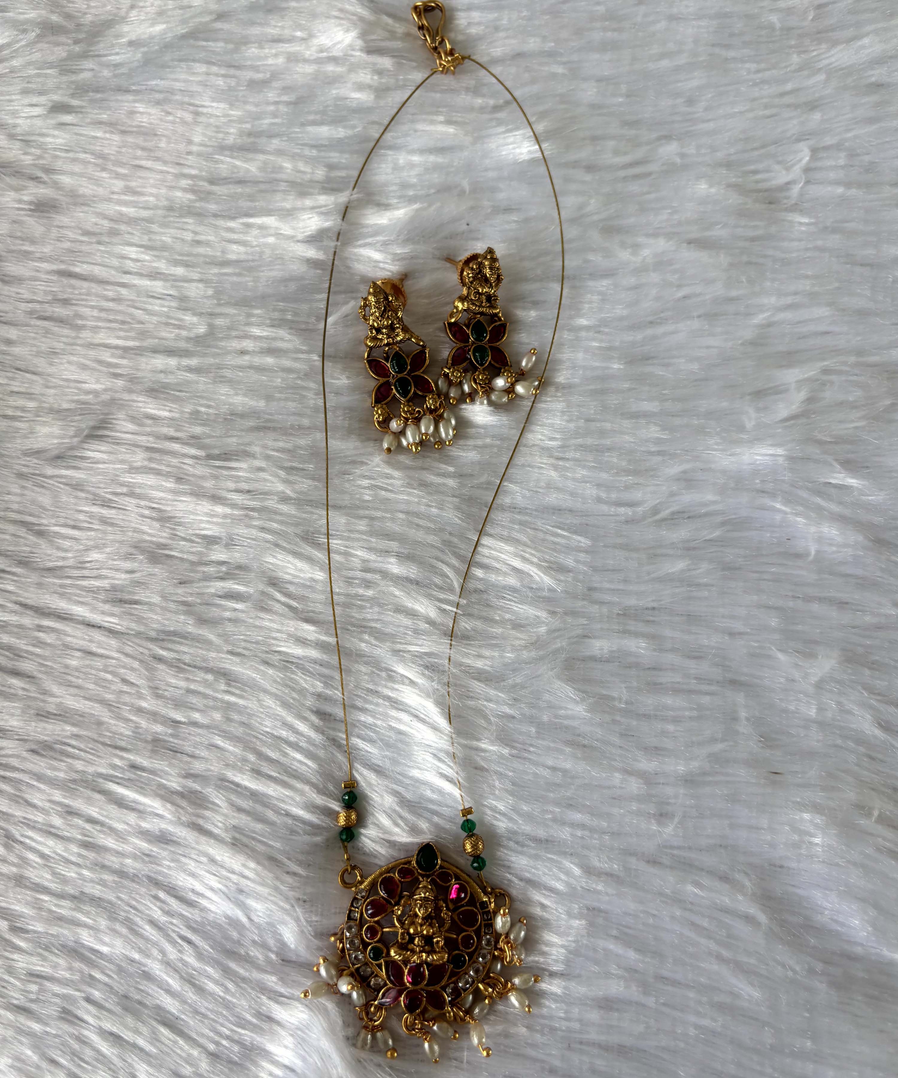 Lakshmi Round Pendant Invisible Chain Necklace Set – Pearl Drops & Multicolor Stones (Imitation Jewellery) -JIN012