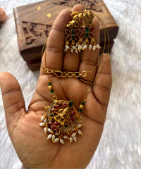 Lakshmi Round Pendant Invisible Chain Necklace Set – Pearl Drops & Multicolor Stones (Imitation Jewellery) -JIN012