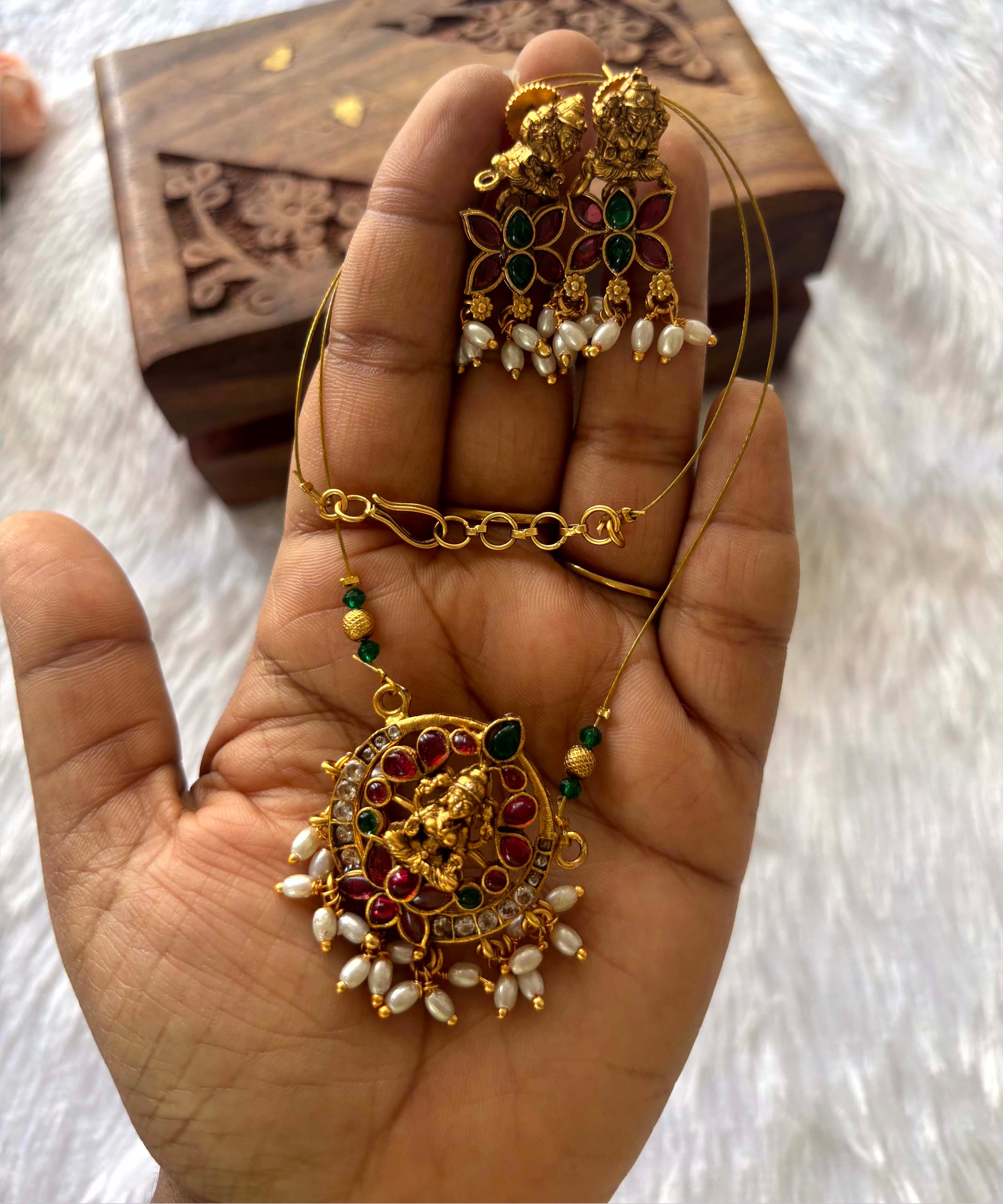 Lakshmi Round Pendant Invisible Chain Necklace Set – Pearl Drops & Multicolor Stones (Imitation Jewellery) -JIN012