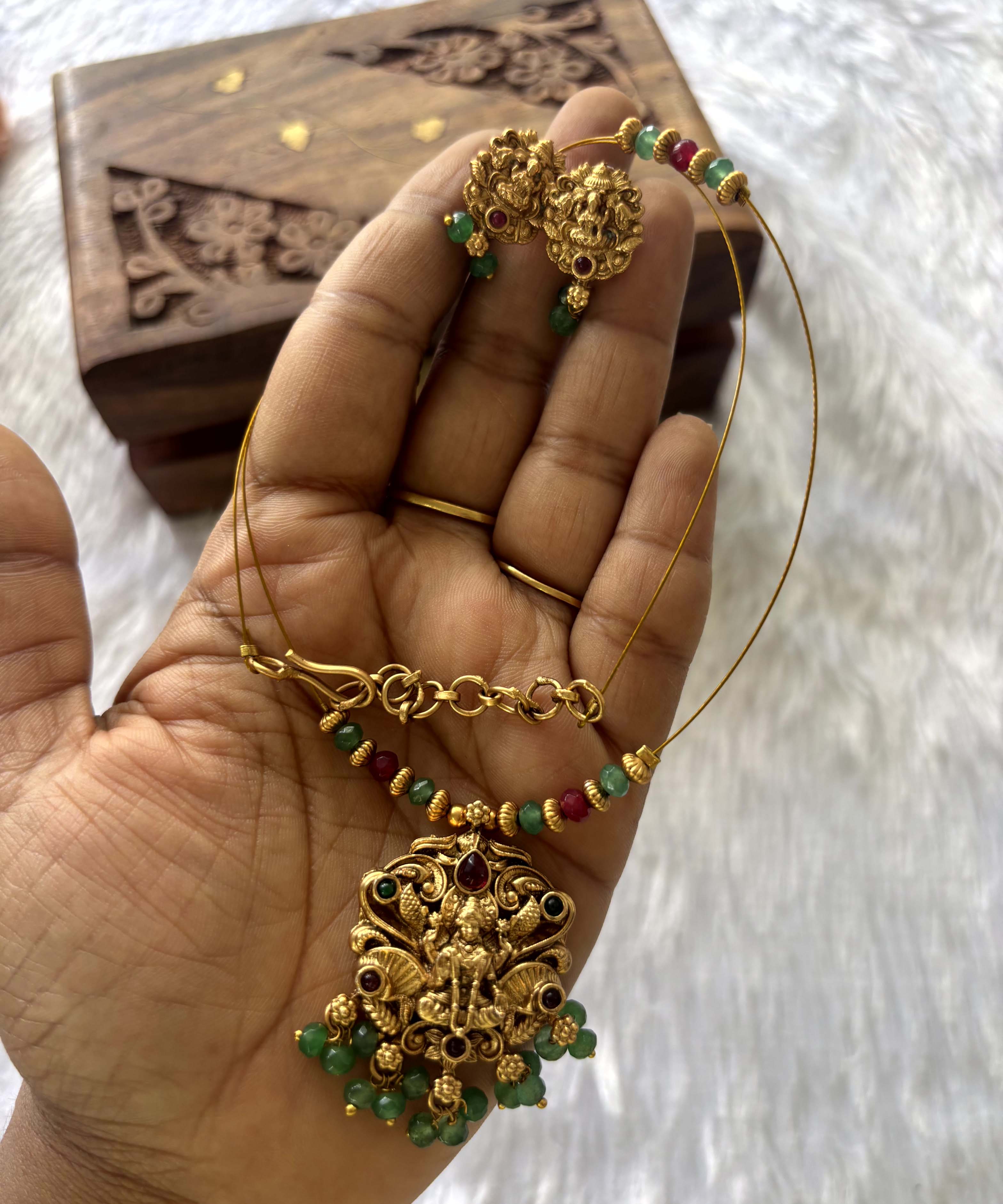 Lakshmi Peacock Pendant Invisible Chain Necklace Set – Green & Multicolor Beads - JIN013