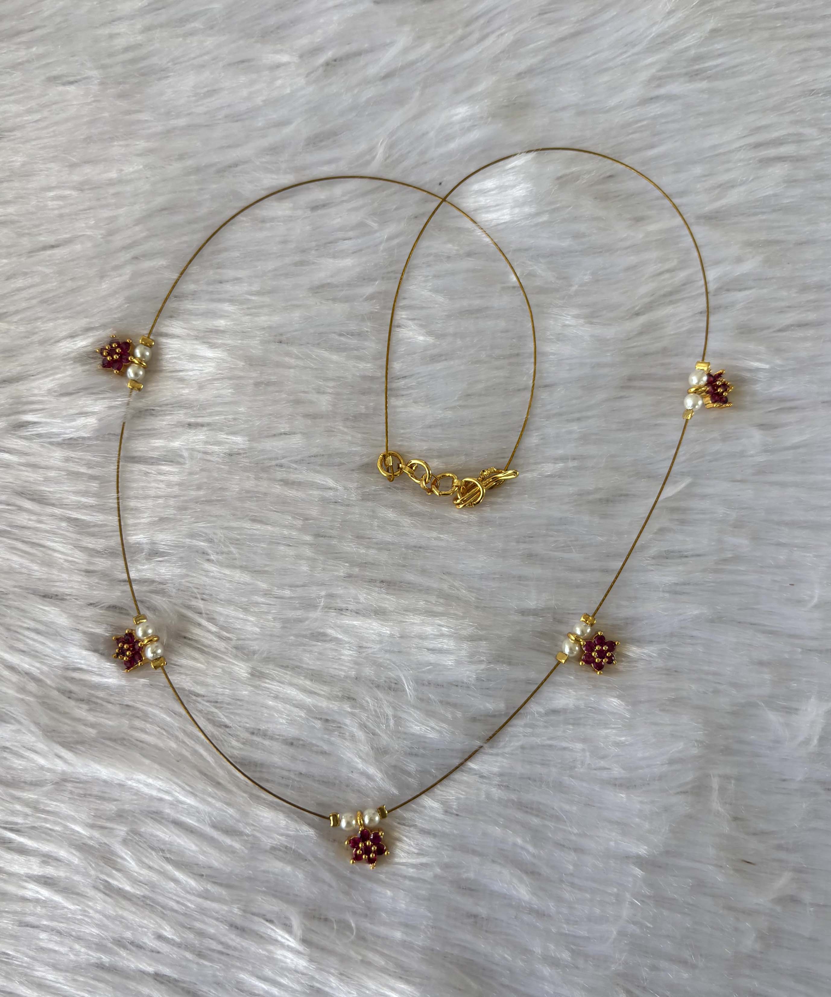Delicate Floral Beads Invisible Chain Necklace with Pink Stone– Imitation Jewellery  -JIN004
