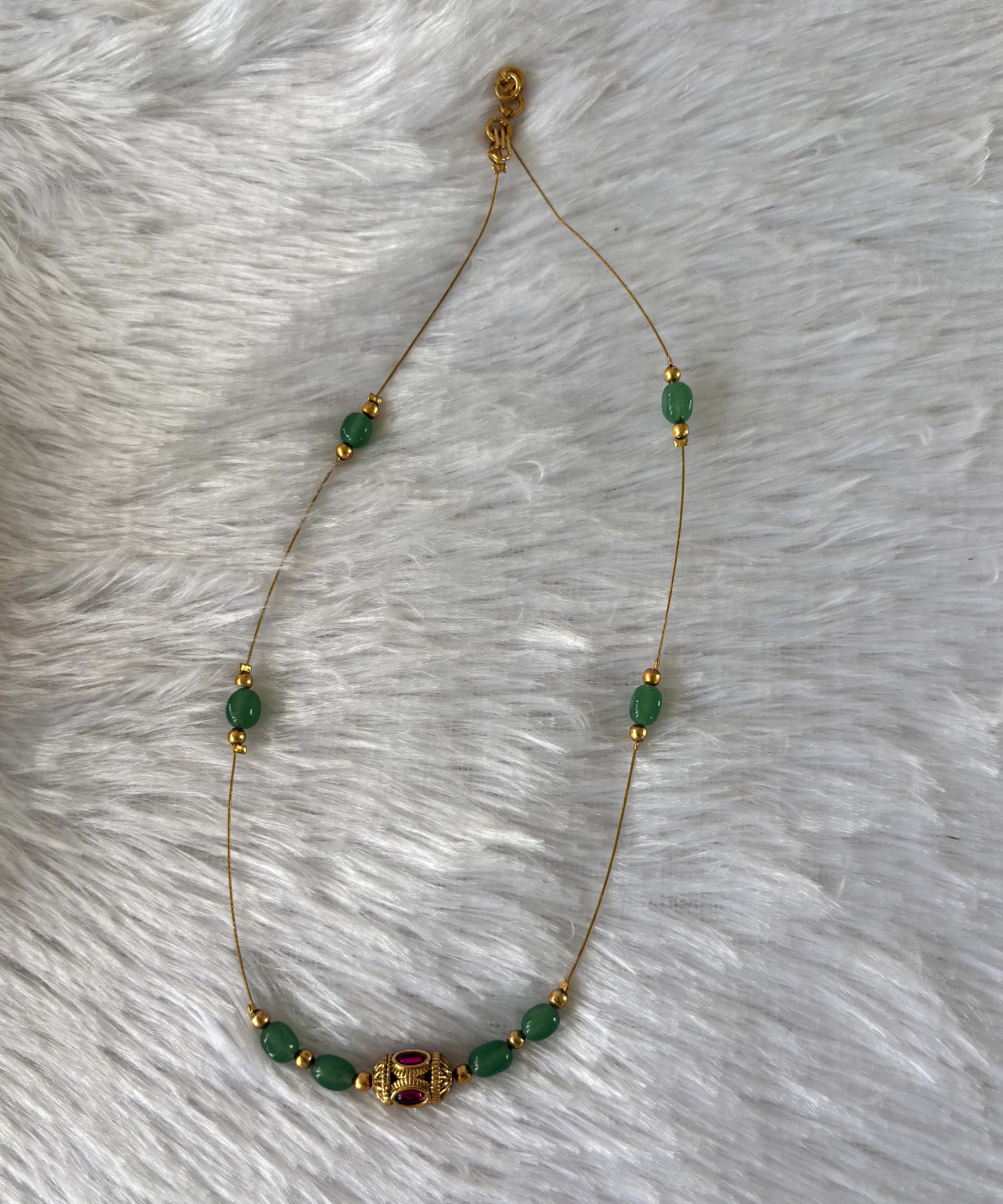 Green Beads Invisible Chain Necklace – Imitation Jewellery with Antique Center Bead - JN008