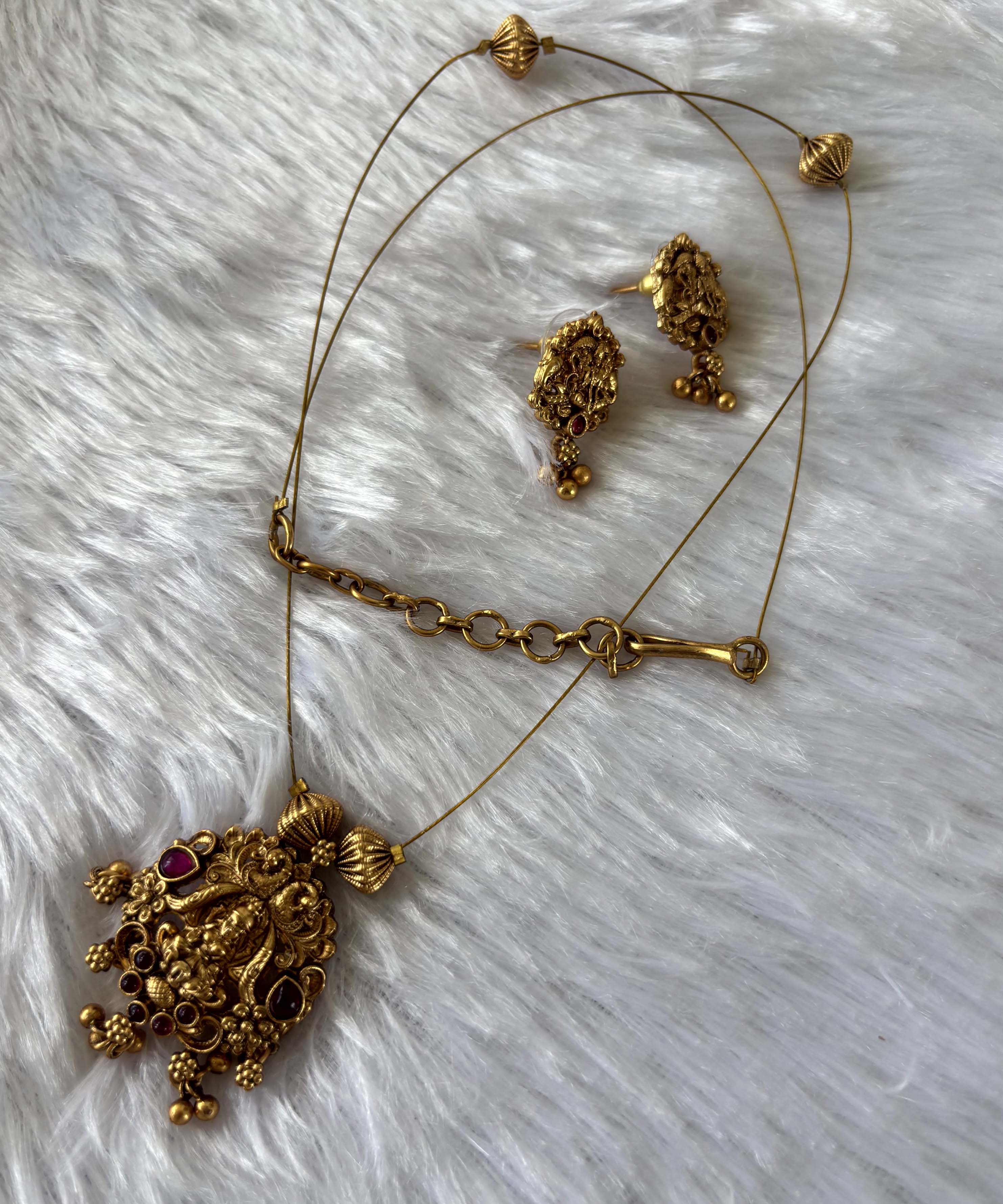 Grand Lakshmi Pendant Invisible Chain Necklace Set – Antique Finish (Imitation Jewellery) - JIN011