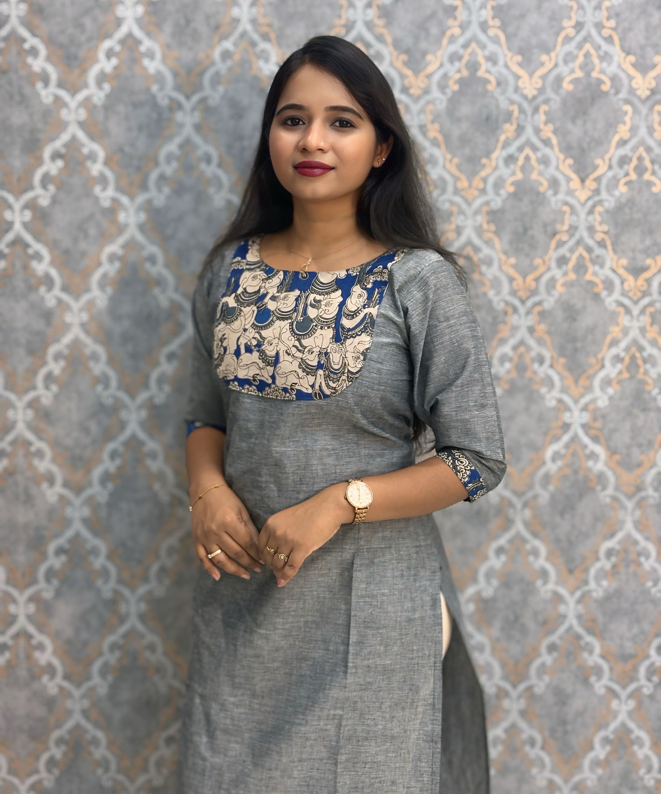 Gray Color Kanchi Cotton and Kalamkari Yoke Design Kurti with Pocket / LSS234