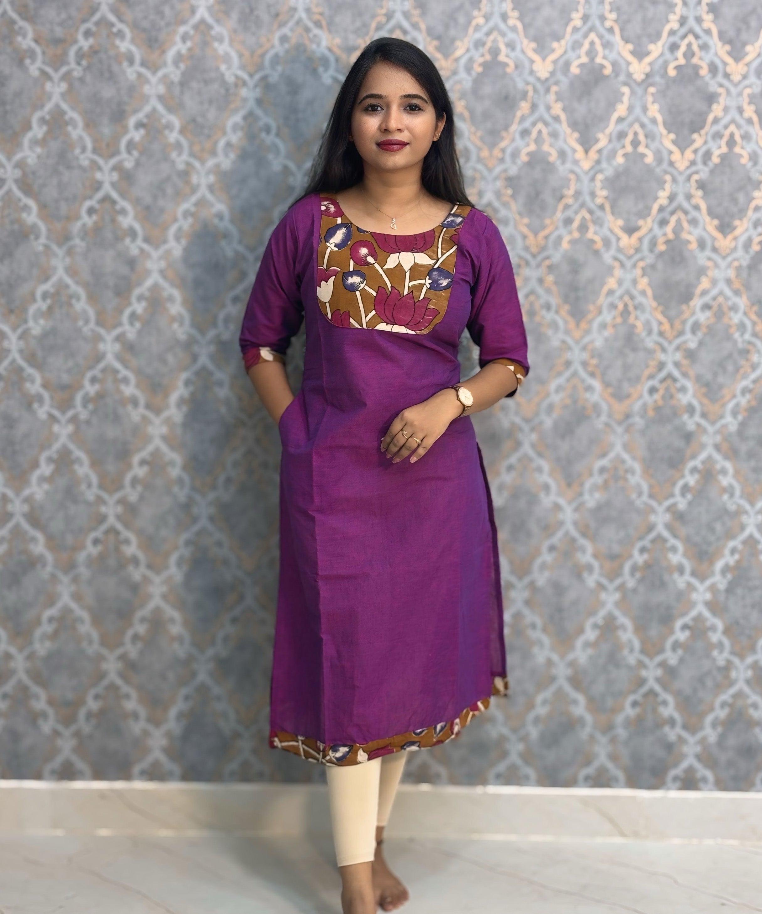 Dark Purple Color Kanchi Cotton and Kalamkari Yoke Design Kurti with Pocket / LSS234