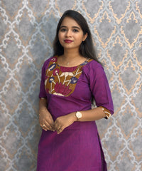 Dark Purple Color Kanchi Cotton and Kalamkari Yoke Design Kurti with Pocket / LSS234