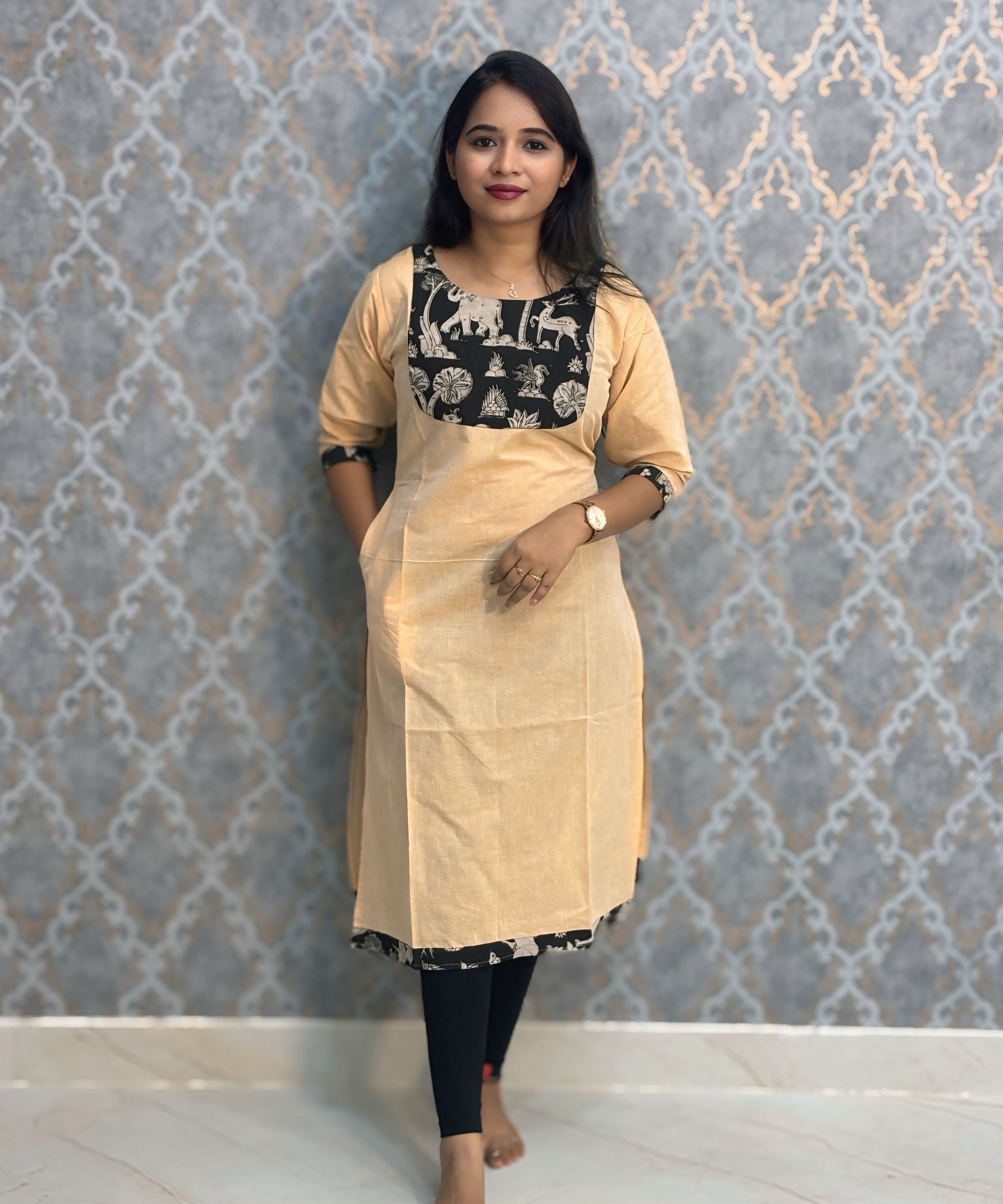 Sandal and Black Color Kanchi Cotton and Kalamkari Yoke Design Kurti with Pocket / LSS234