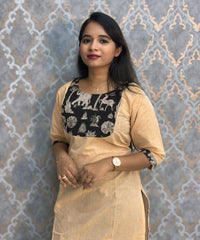 Sandal and Black Color Kanchi Cotton and Kalamkari Yoke Design Kurti with Pocket / LSS234