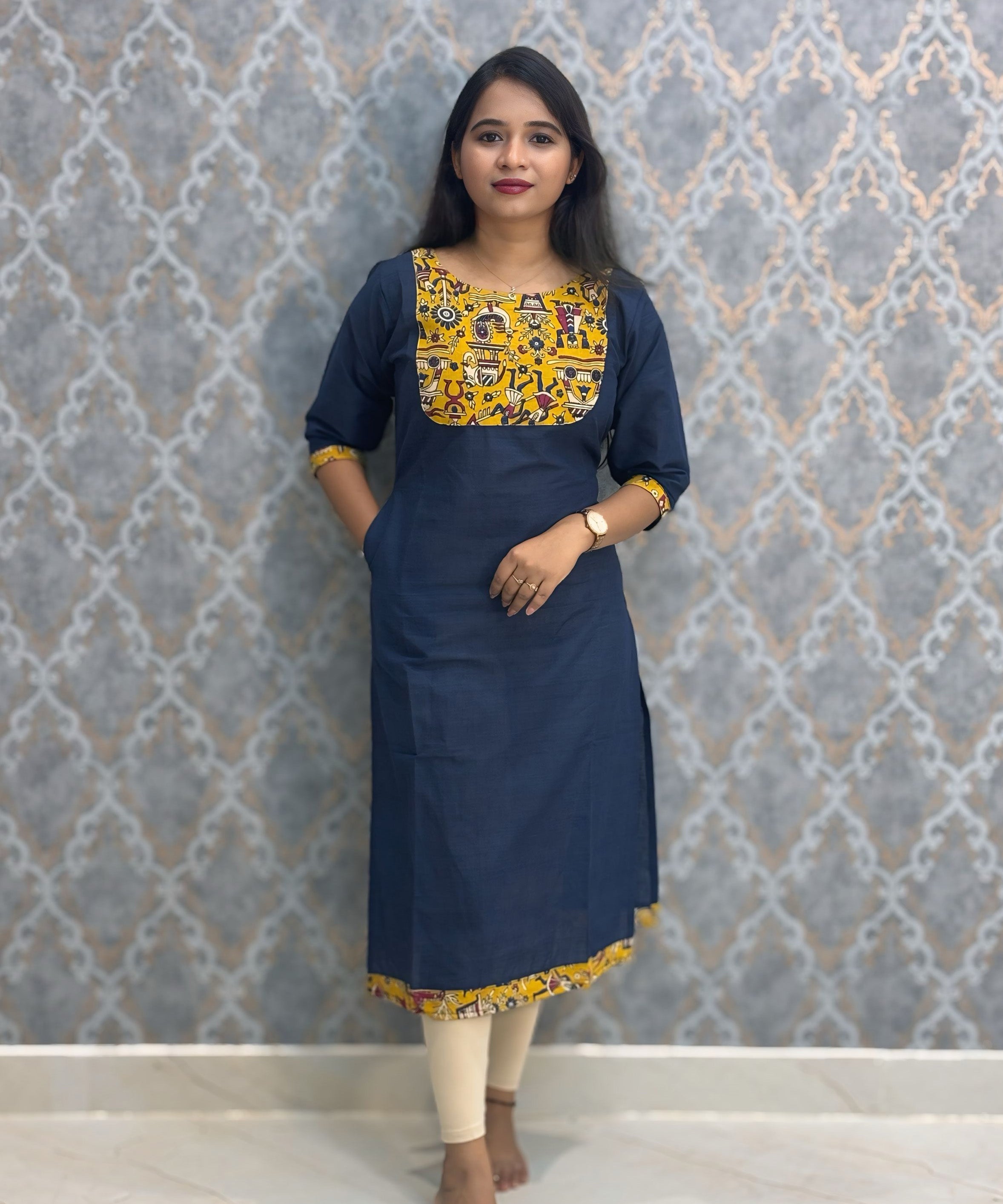 Navy Blue Color Kanchi Cotton and Kalamkari Yoke Design Kurti with Pocket / LSS234
