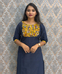 Navy Blue Color Kanchi Cotton and Kalamkari Yoke Design Kurti with Pocket / LSS234
