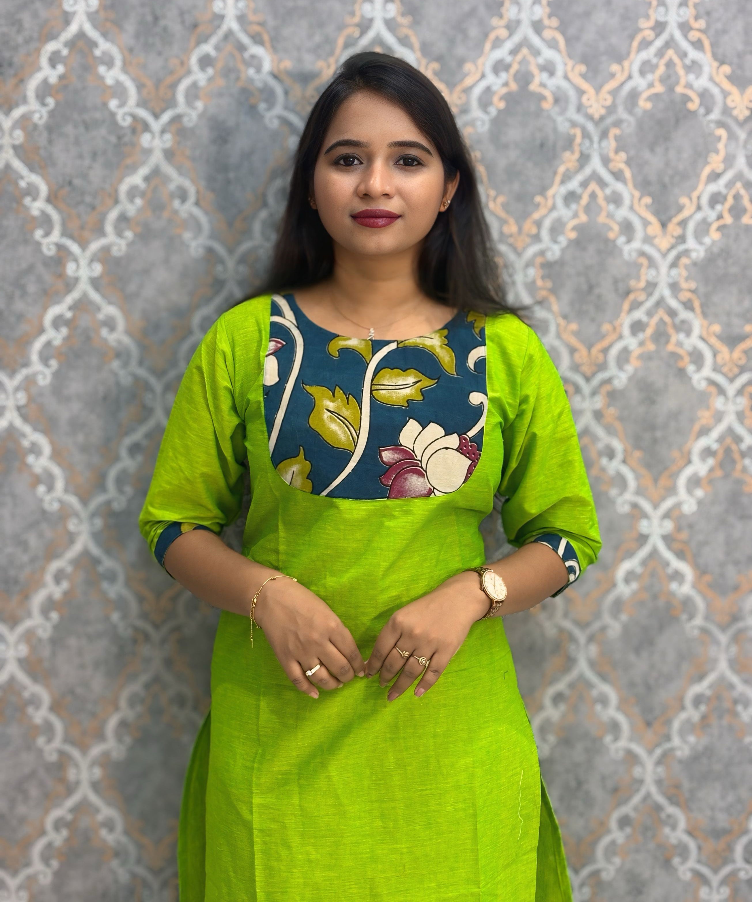 Green Color Kanchi Cotton and Kalamkari Yoke Design Kurti with Pocket / LSS234